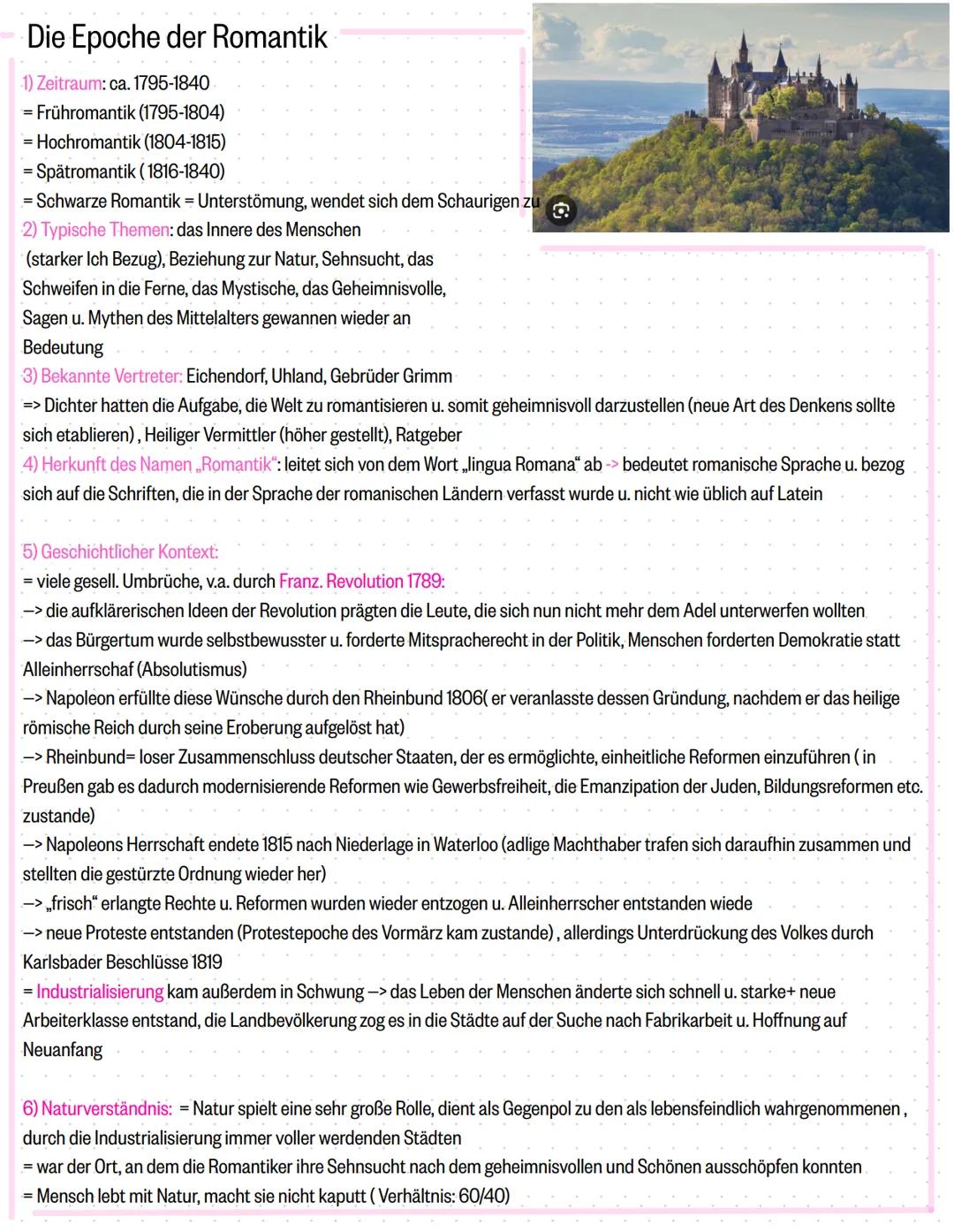 Die Epoche der Romantik
1) Zeitraum: ca. 1795-1840
= Frühromantik (1795-1804)
= Hochromantik (1804-1815)
= Spätromantik (1816-1840)
= Schwar
