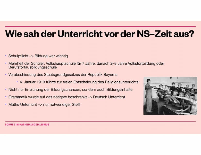 Pädagogik
Schule im Nationalsozialismus Gliederung
• Wie sah der Unterricht vor der NS-Zeit aus
Hitlers Äußerungen zum Unterricht -> im allg