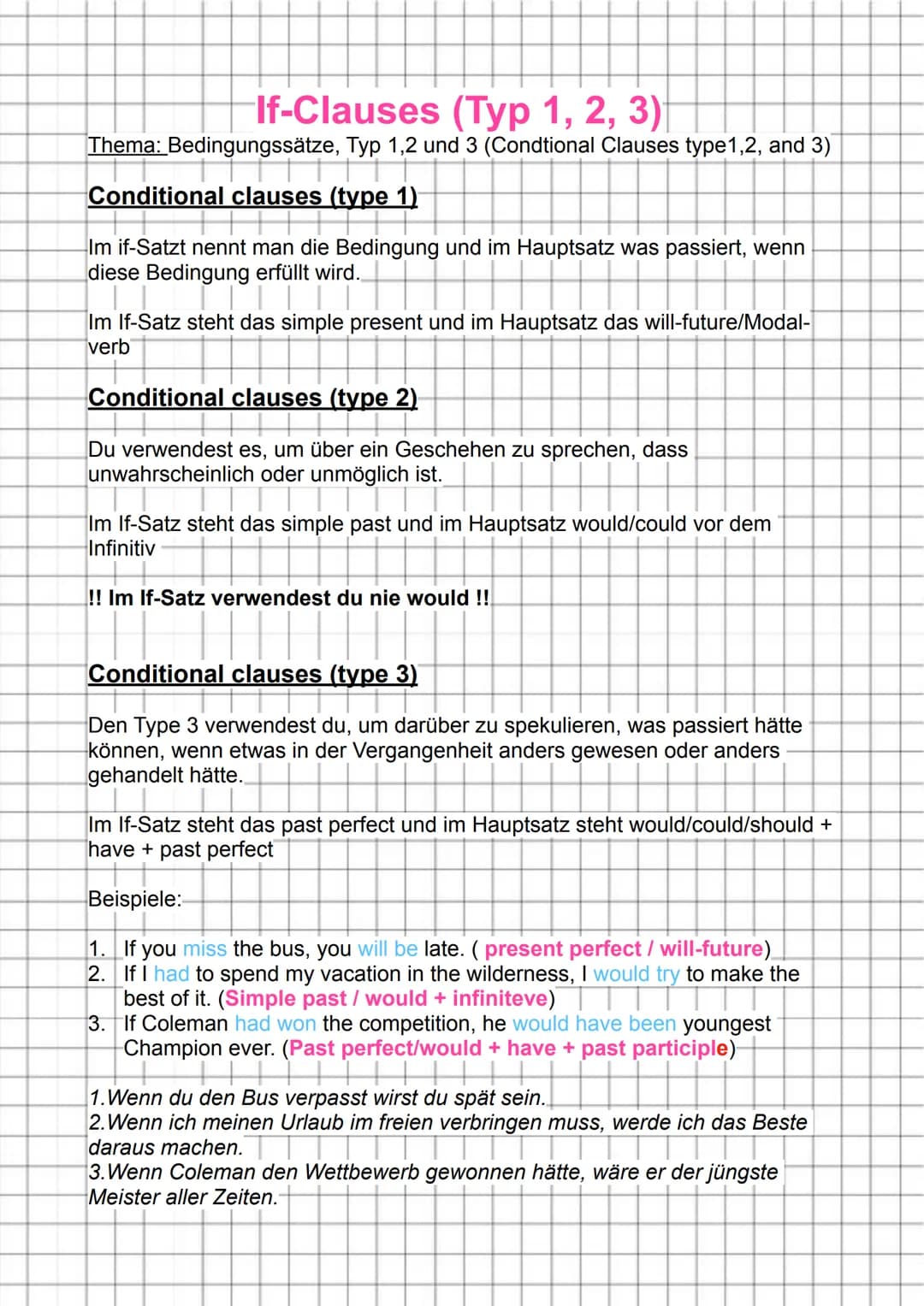 If-Clauses (Typ 1, 2, 3)
Thema: Bedingungssätze, Typ 1,2 und 3 (Condtional Clauses type 1,2, and 3)
Conditional clauses (type 1)
Im if-Satzt