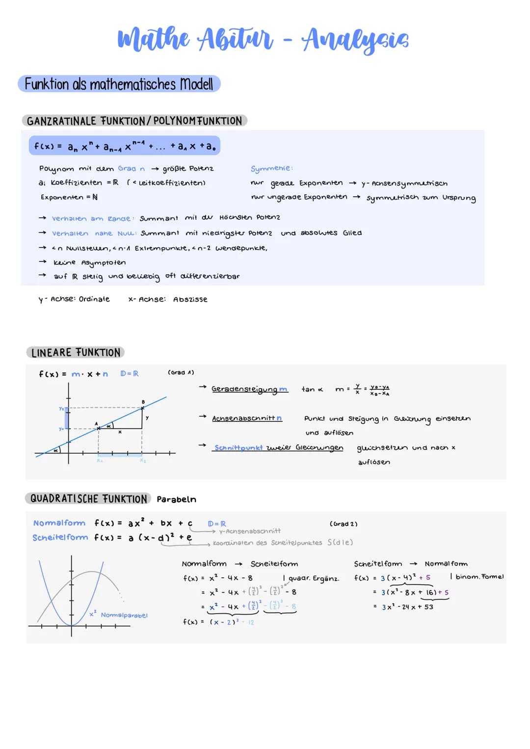 Funktion als mathematisches Modell
Mathe Abitur - Analysic
GANZRATINALE FUNKTION/POLYNOM FUNKTION
n-1
f(x) = an x + an-₁ X² + ... + ax + a,

