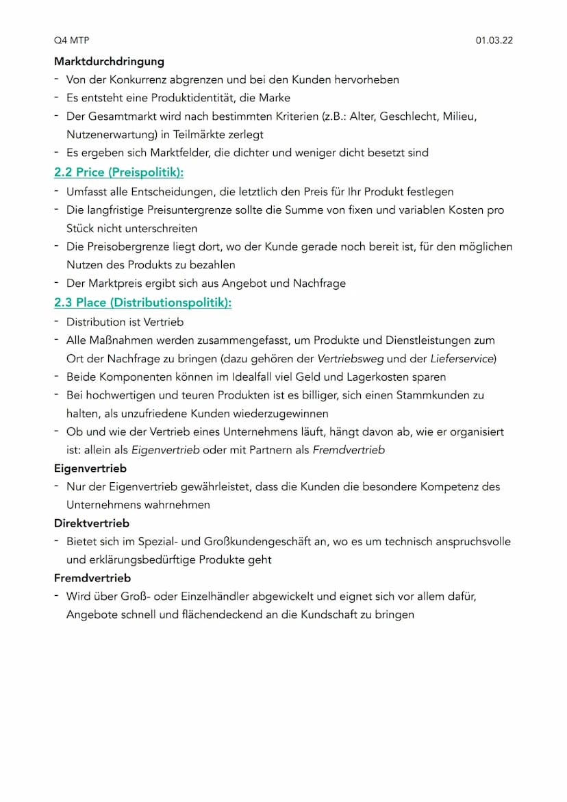 Q4 MTP
Q4 Klausur Marketing
1. Was ist Marketing?
Einfachste Definition ist das unternehmerische Handeln, das sich am Markt orientiert
Im Vo