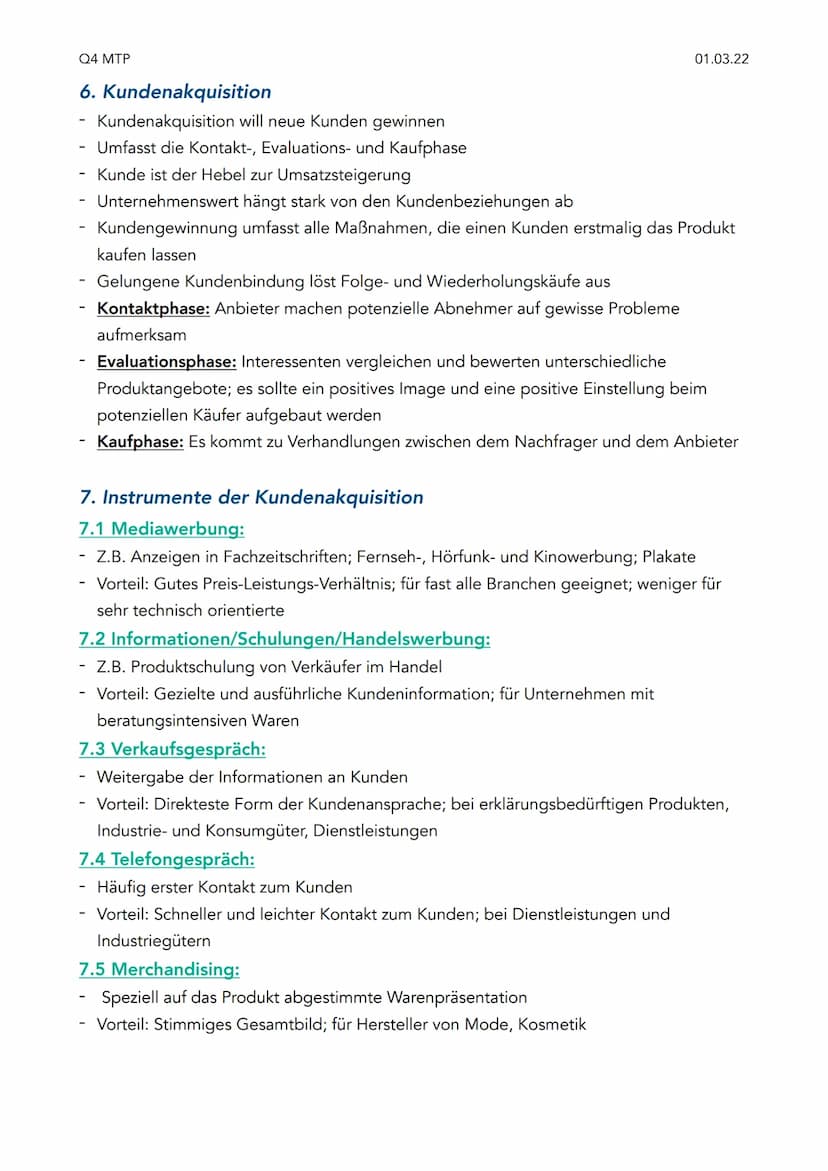 Q4 MTP
Q4 Klausur Marketing
1. Was ist Marketing?
Einfachste Definition ist das unternehmerische Handeln, das sich am Markt orientiert
Im Vo