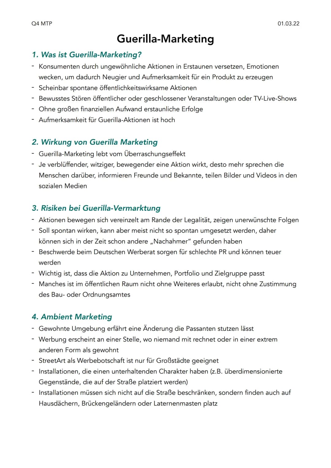 Q4 MTP
Q4 Klausur Marketing
1. Was ist Marketing?
Einfachste Definition ist das unternehmerische Handeln, das sich am Markt orientiert
Im Vo