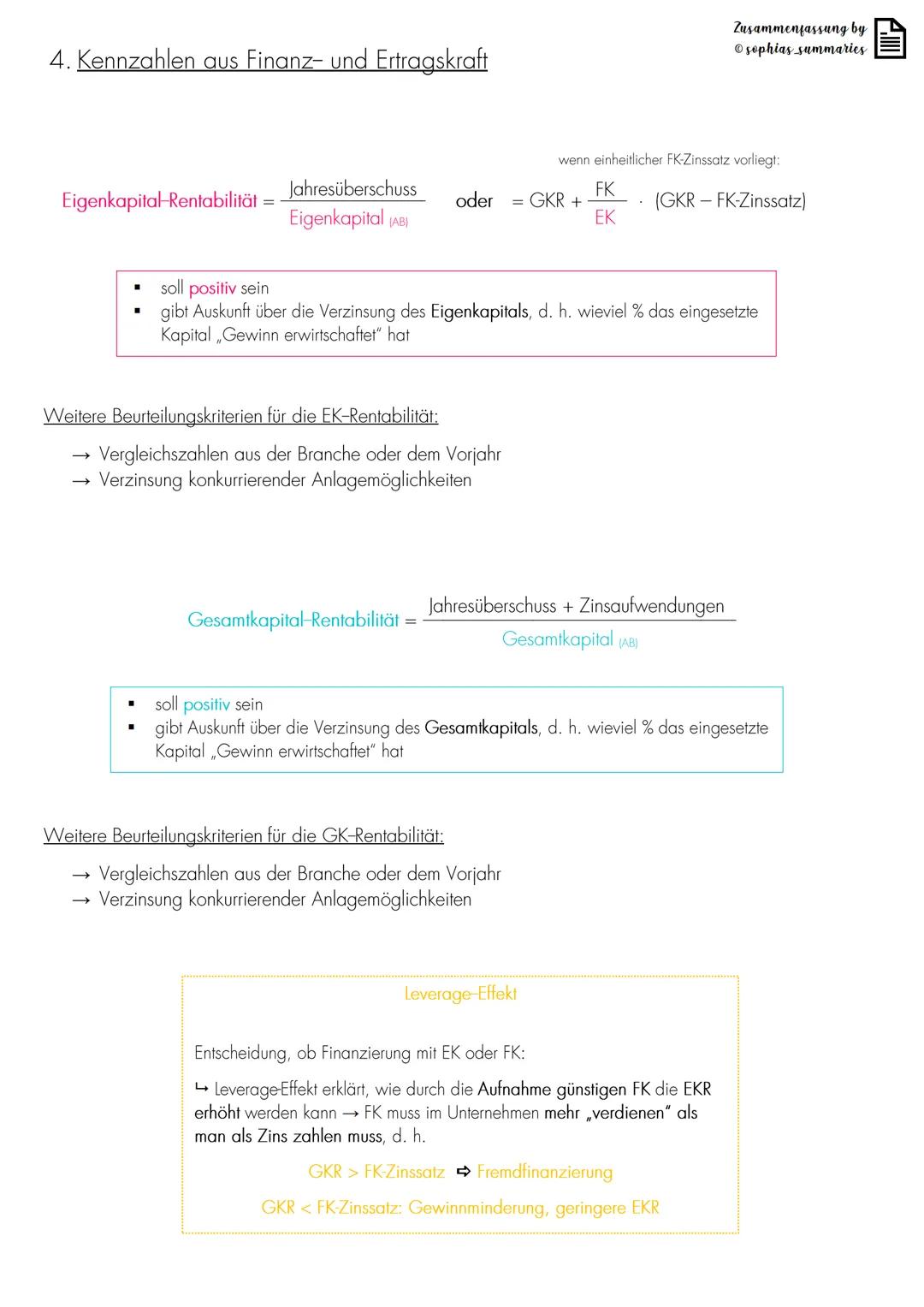 # Zusammenfassung by
sophias summaries

# Kennzahlen

1. Vertikale Bilanzstruktur

| Aktiva (Vermögen) | Passiva (Kapital) |
| ----------- |