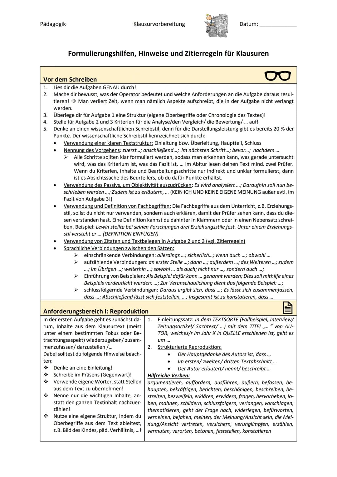 Formulierungshilfen, Hinweise und Zitierregeln für  Klausuren