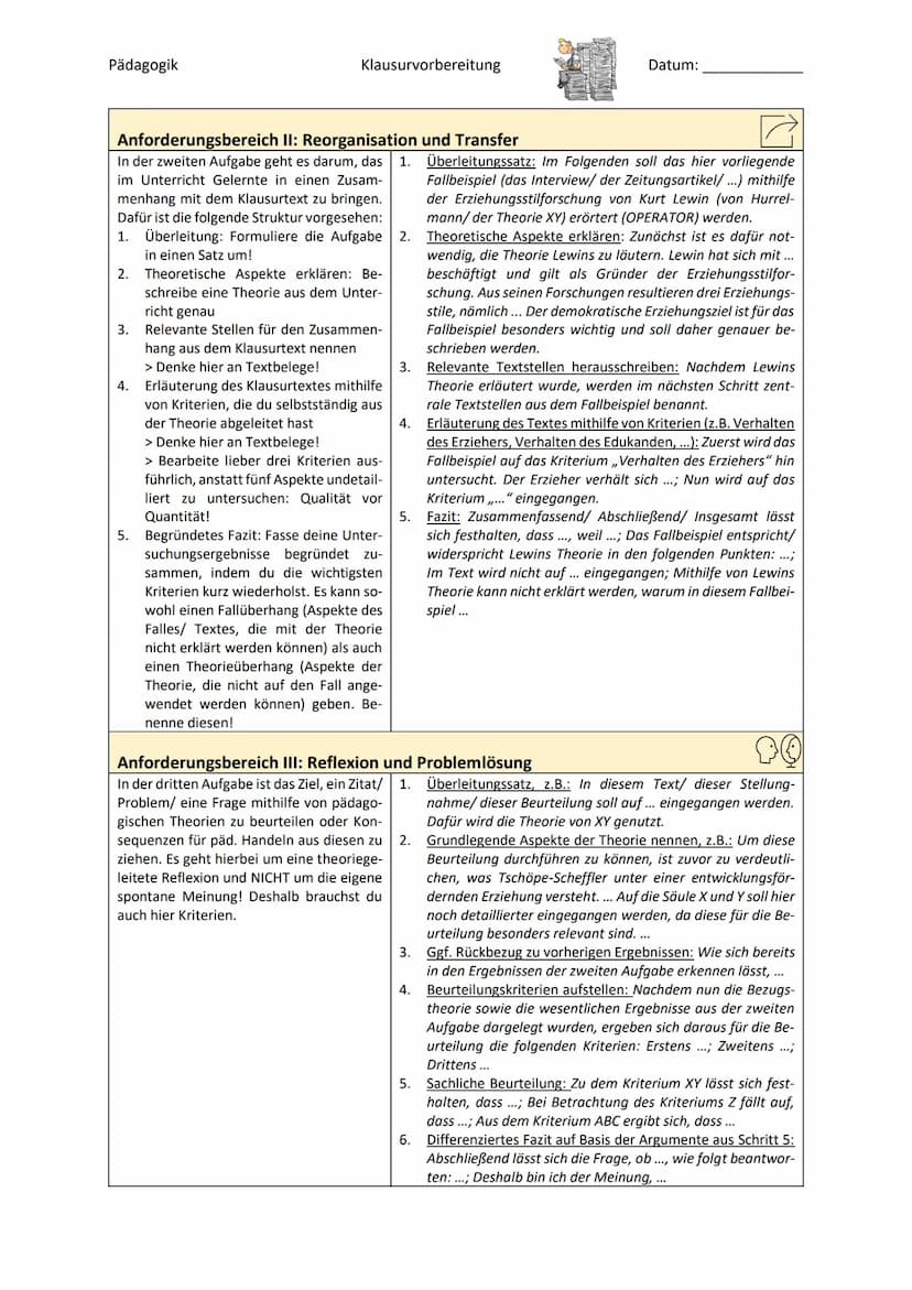 Pädagogik
Vor dem Schreiben
1.
2.
Klausurvorbereitung
●
Formulierungshilfen, Hinweise und Zitierregeln für Klausuren
Lies dir die Aufgaben G