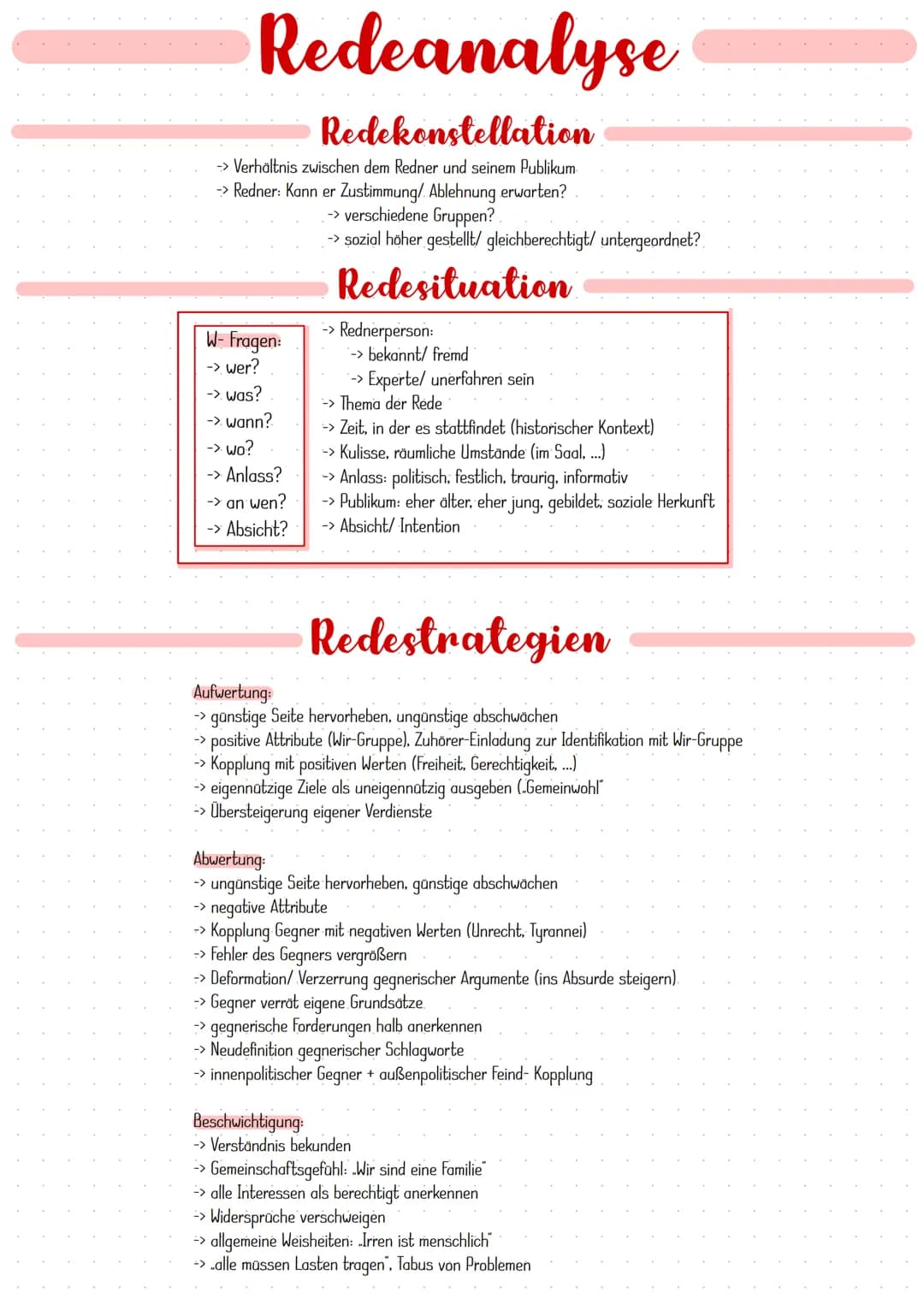 Redeanalyse
Der Aufbau
1. Kennzeichnung der Redesituation:
-> Beantwortung der W-Fragen: historischer Hintergrund, Redner, Thema + Rednerint