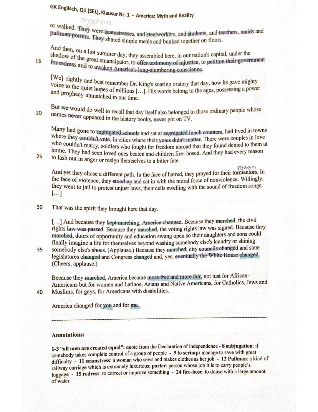 5
10
GK Englisch, Q1 (
), Klausur Nr. 1 - America: Myth and Reality
Teil A: President Obama's speech on the 50th anniversary of the March on