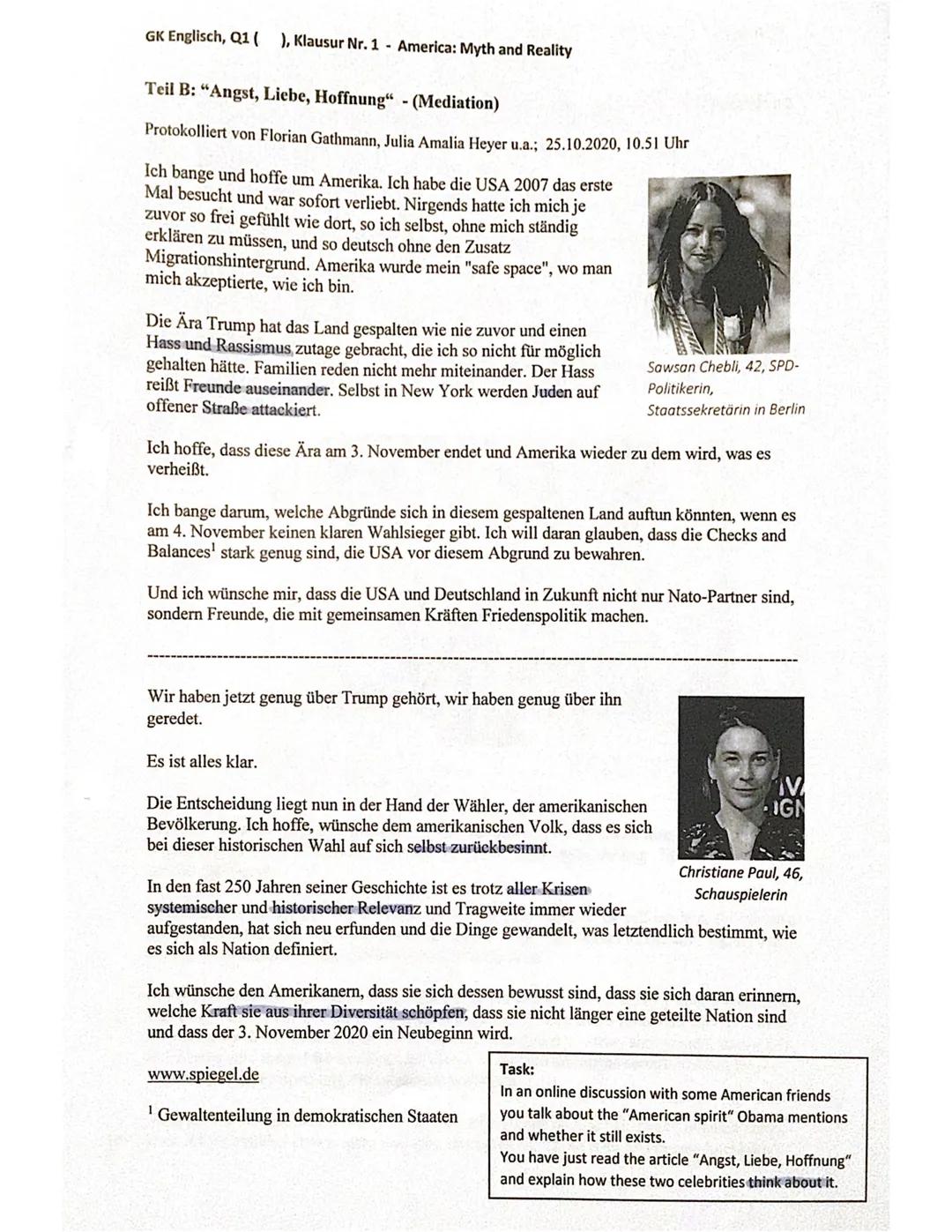 5
10
GK Englisch, Q1 (
), Klausur Nr. 1 - America: Myth and Reality
Teil A: President Obama's speech on the 50th anniversary of the March on