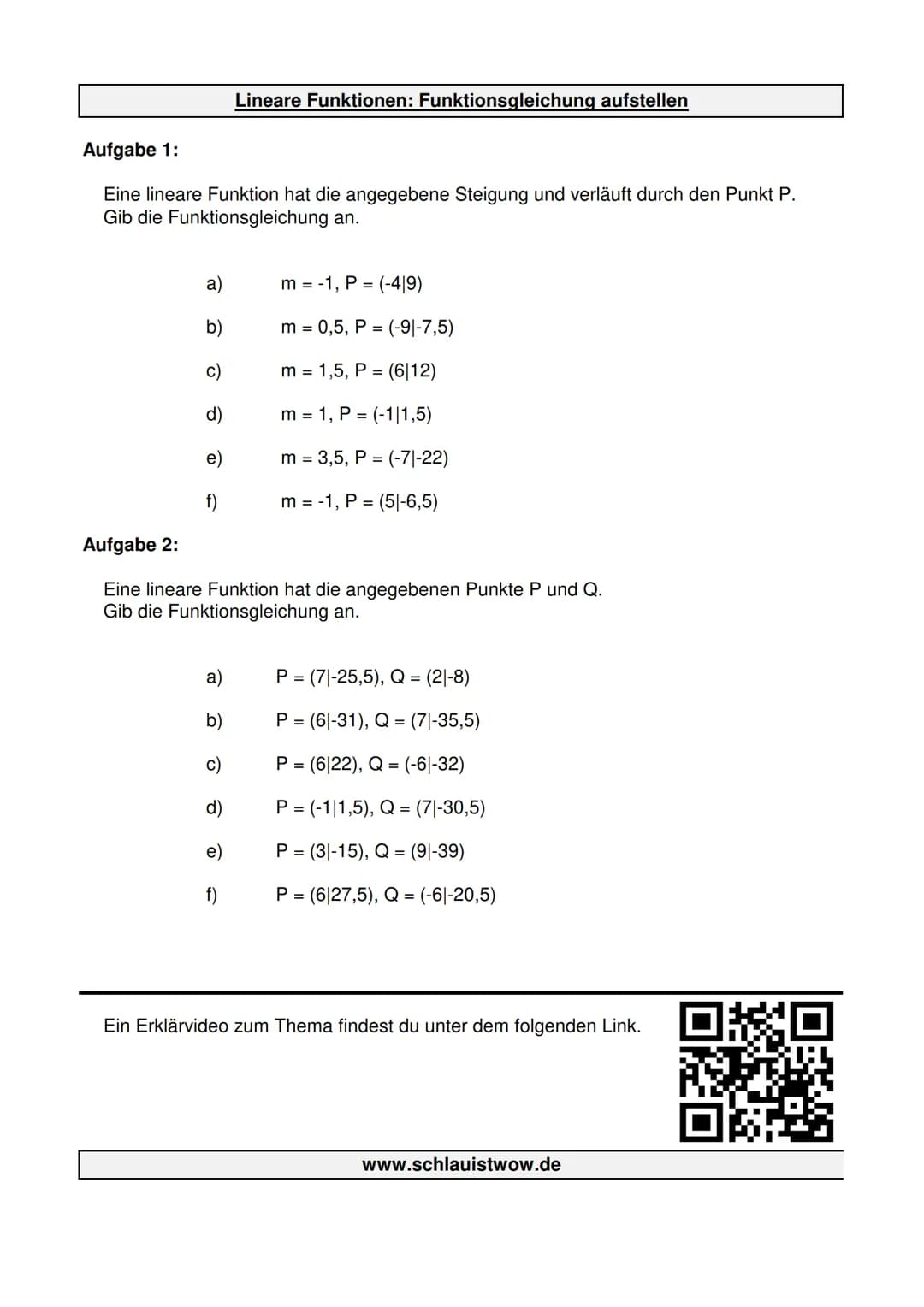 Aufgabe 1:
Eine lineare Funktion hat die angegebene Steigung und verläuft durch den Punkt P.
Gib die Funktionsgleichung an.
a)
b)
c)
e)
f)
L