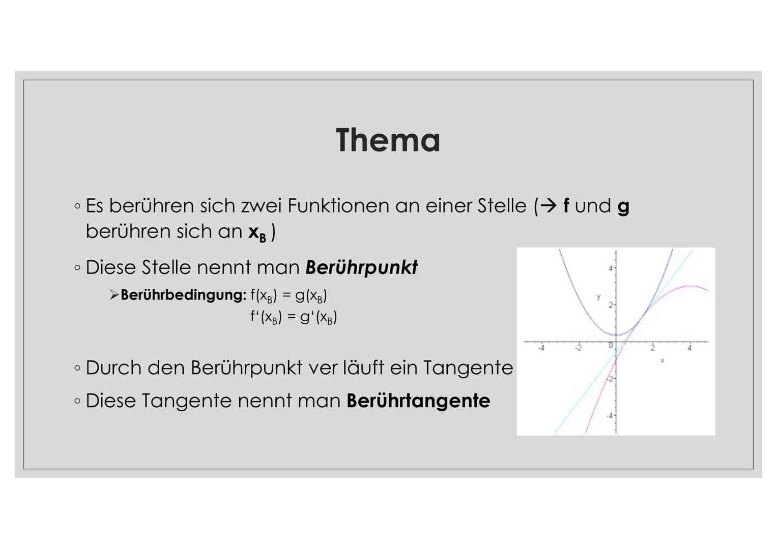 BERÜHRPROBLEM Thema
• Es berühren sich zwei Funktionen an einer Stelle (→ f und g
berühren sich an XB)
O
Diese Stelle nennt man Berührpunkt
