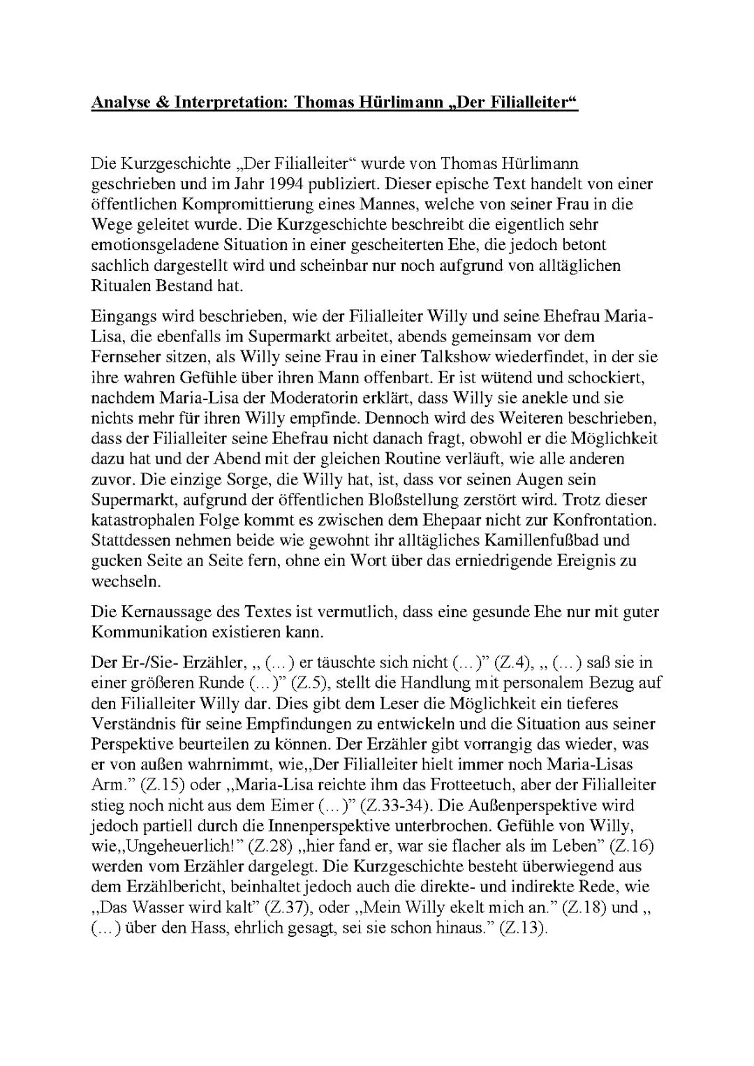 Thomas Hürlimann Der Filialleiter Kurzgeschichte PDF & Deutungshypothese