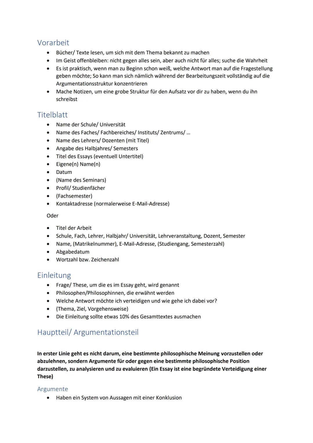 Philosophie Essay
Vorarbeit ......
Titelblatt.
Einleitung
Hauptteil/ Argumentationsteil
Argumente....
Struktur/ Aufbau.
Go's.
No's.
Schlusst