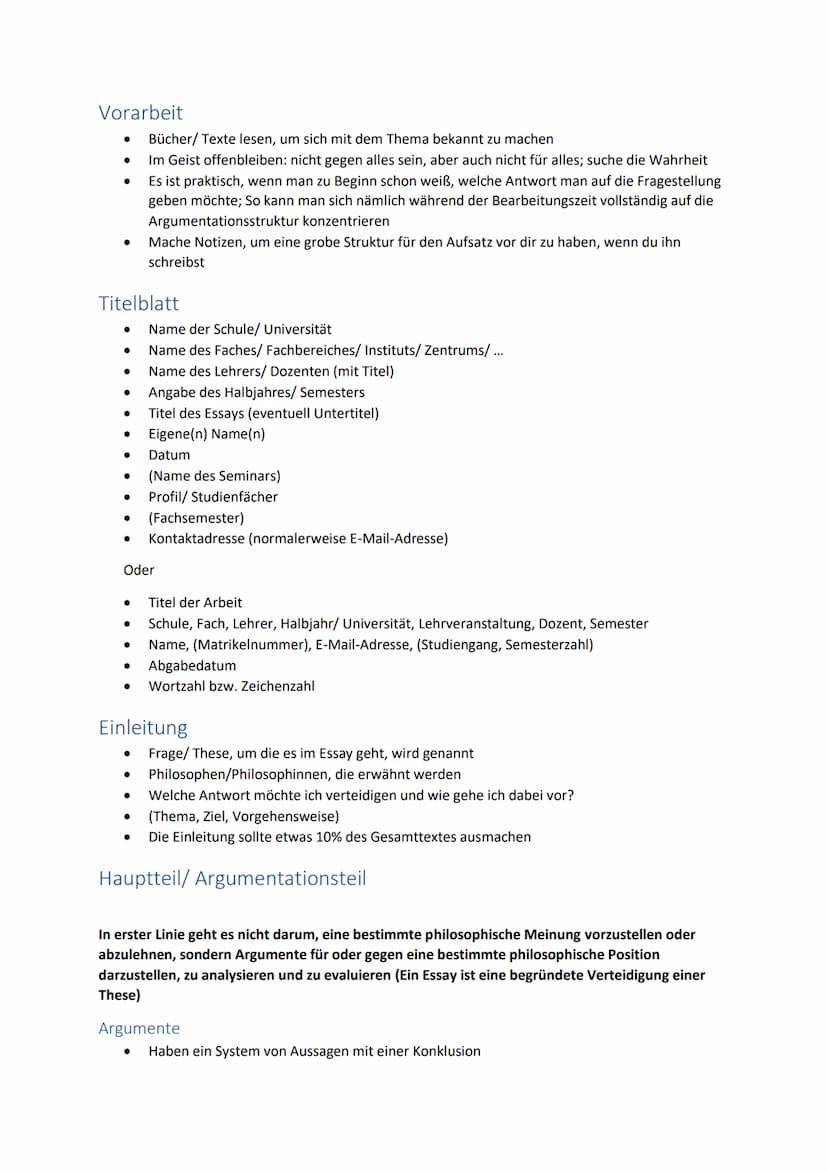 Philosophie Essay
Vorarbeit ......
Titelblatt.
Einleitung
Hauptteil/ Argumentationsteil
Argumente....
Struktur/ Aufbau.
Go's.
No's.
Schlusst