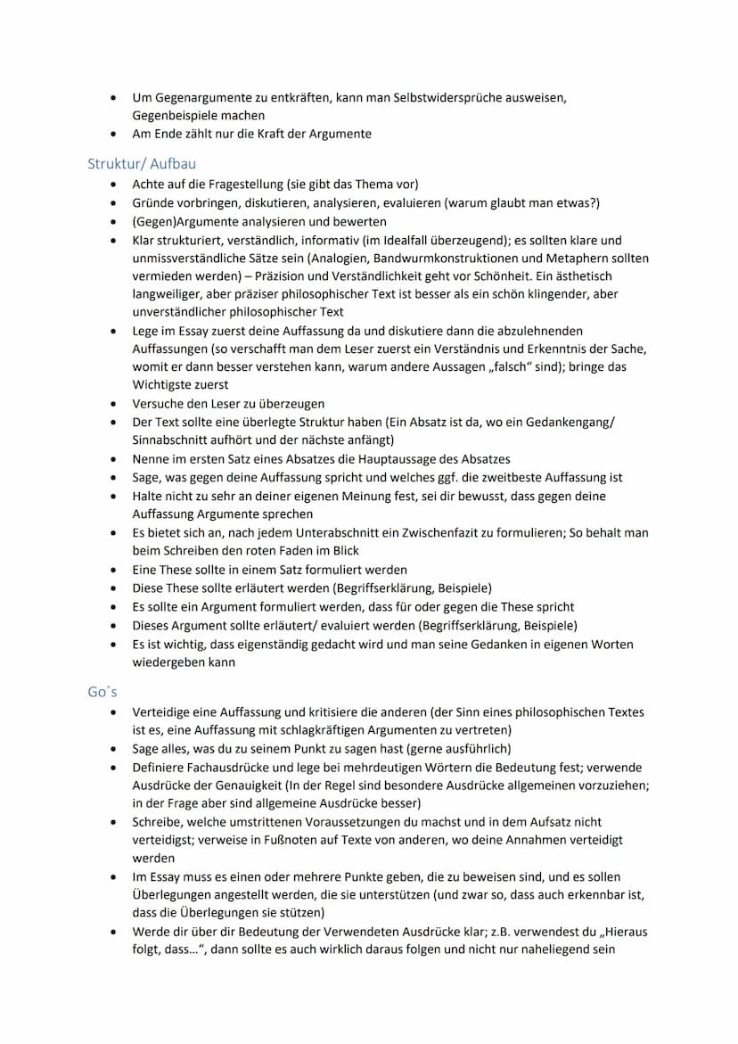 Philosophie Essay
Vorarbeit ......
Titelblatt.
Einleitung
Hauptteil/ Argumentationsteil
Argumente....
Struktur/ Aufbau.
Go's.
No's.
Schlusst