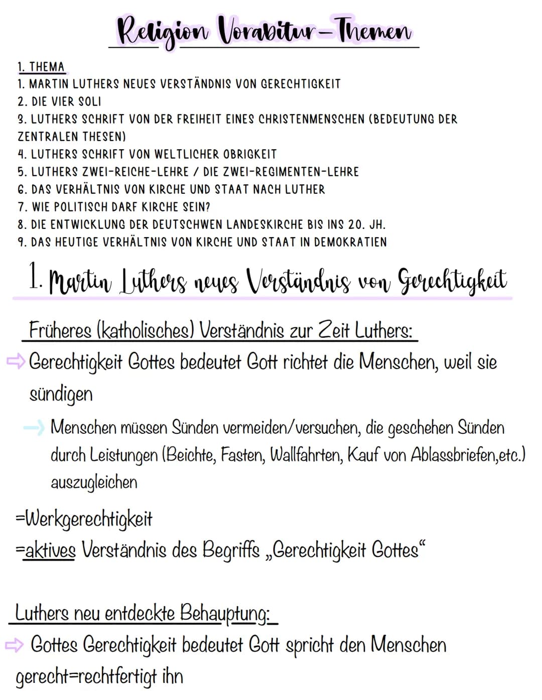 Religion Vorabitur-Themen
1. THEMA
1. MARTIN LUTHERS NEUES VERSTÄNDNIS VON GERECHTIGKEIT
2. DIE VIER SOLI
3. LUTHERS SCHRIFT VON DER FREIHEI