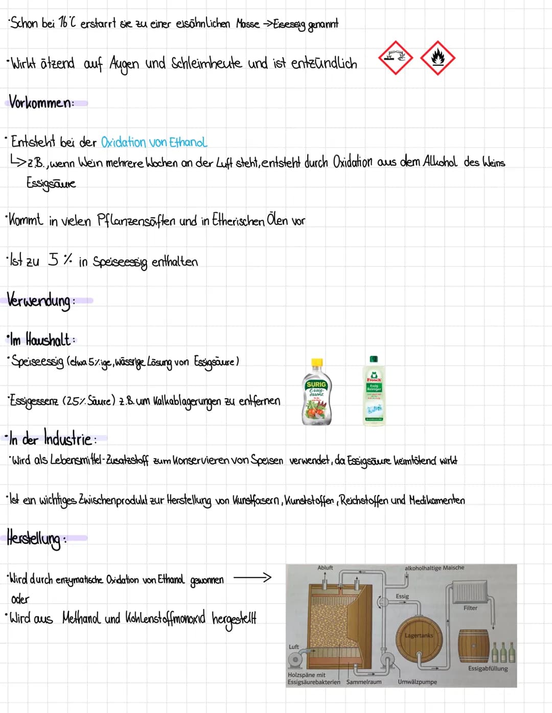 CHEMIC
Buch S. 96/97
Aggregatzustand: Flüssig
Schmelzpunkt: 16 C
Siedepunkt: 118 (
Essigsäure:
Allgemeines:
Name : Essigsäure (CH₂COOH), auc