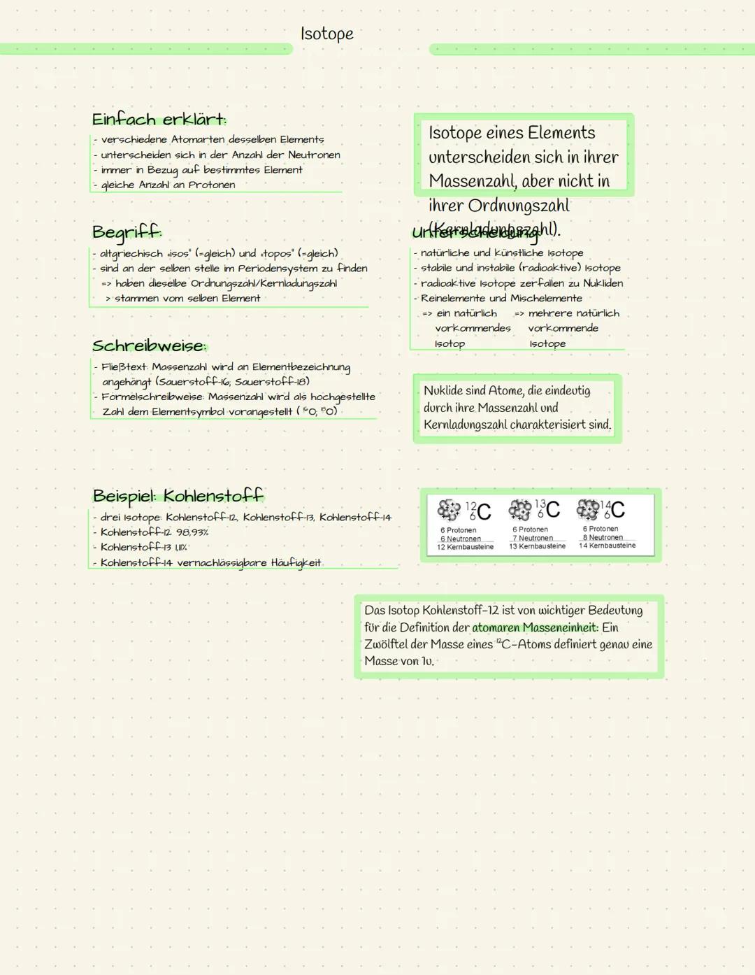 Isotope
Einfach erklärt:
verschiedene Atomarten desselben Elements
- unterscheiden sich in der Anzahl der Neutronen
immer in Bezug auf besti