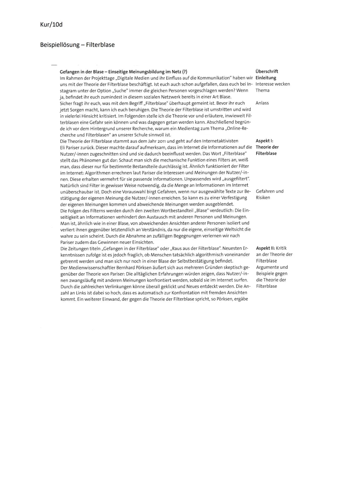 Kur/10d
Beispiellösung - Filterblase
Überschrift
Gefangen in der Blase - Einseitige Meinungsbildung im Netz (?)
Im Rahmen der Projekttage ,,