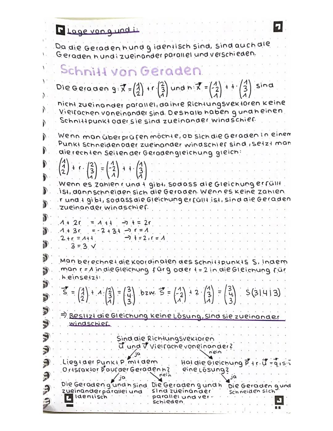 Punktprobe durchführen
A (41512) Gerade g = (+4)-(1)
1+ 3+ = 4
-77 +=1 (^in zweite und dritte zeile einsetzen)
1+ 14 = 5 wahre Aussage
0₁ +1