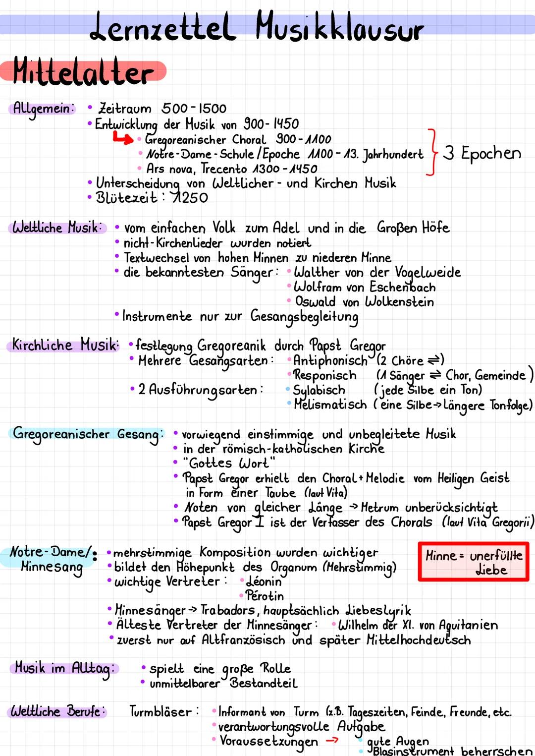 Lernzettel Musikklausur
Mittelalter
Allgemein: Zeitraum 500-1500
●
●
Entwicklung der Musik von 900-1450
Gregoreanischer Choral 900-1100
Notr