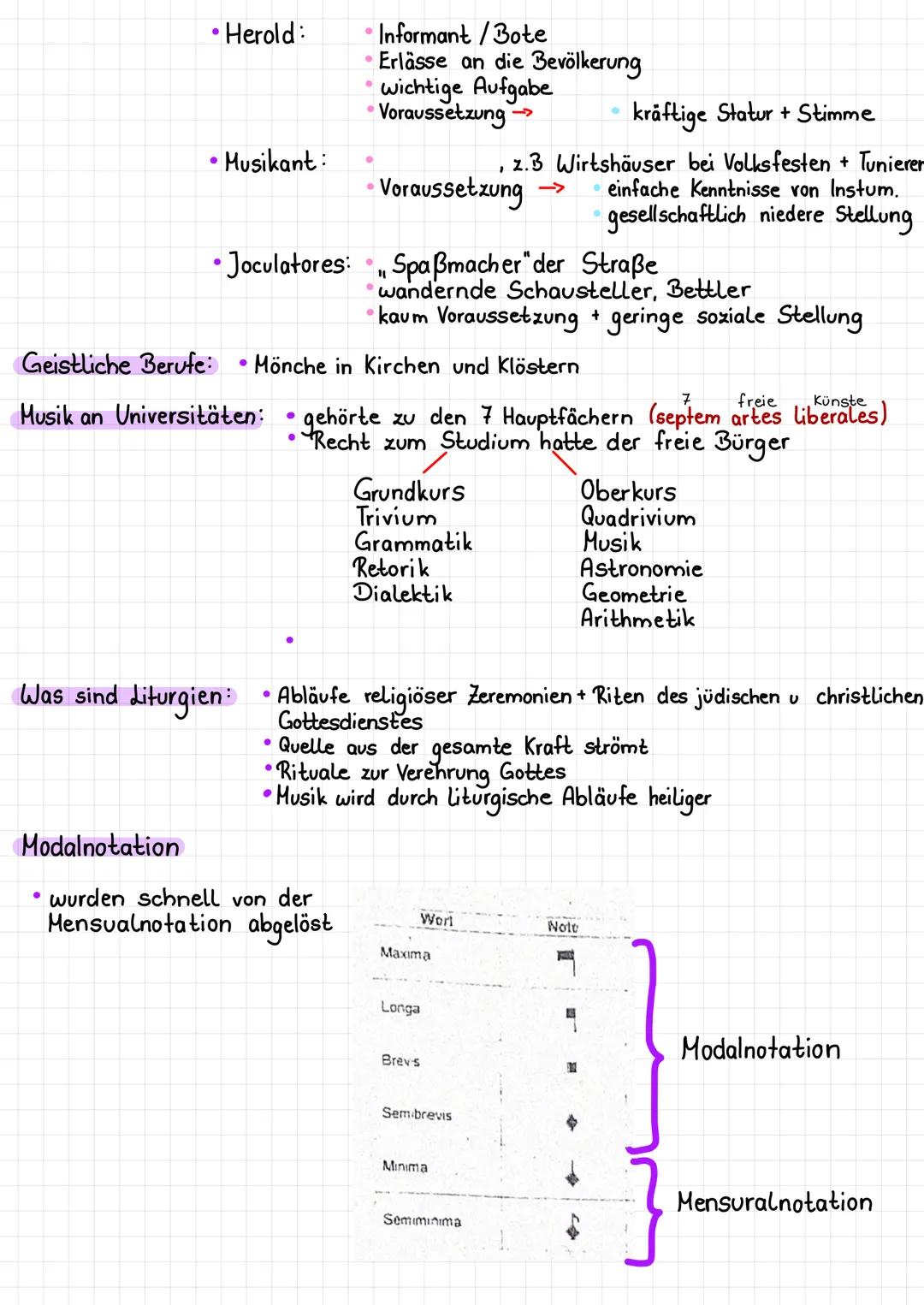Lernzettel Musikklausur
Mittelalter
Allgemein: Zeitraum 500-1500
●
●
Entwicklung der Musik von 900-1450
Gregoreanischer Choral 900-1100
Notr