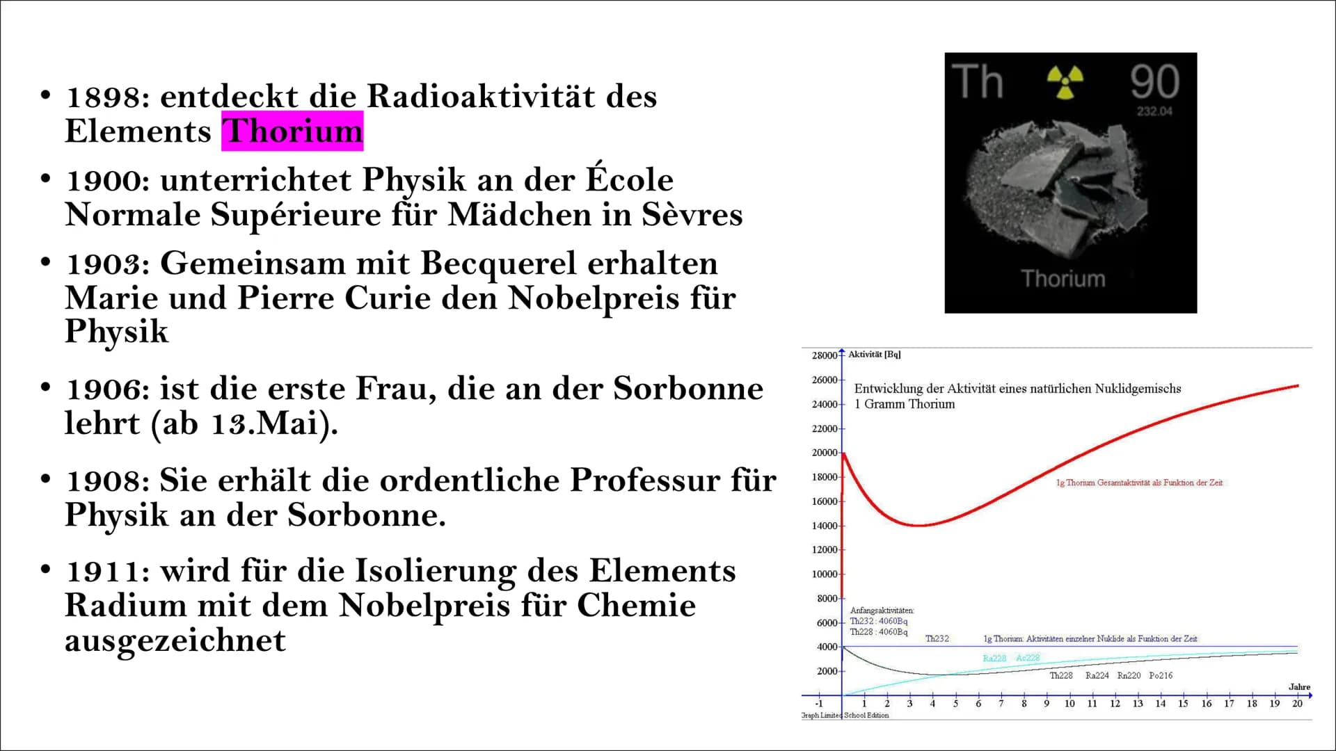 Marie Curie
• 7.11.1867: wird als Marya Sklodowska in Warschau
geboren
• 1883: Sie schließt das Lyzeum mit Auszeichnung
ab. Durch Fehlinvest