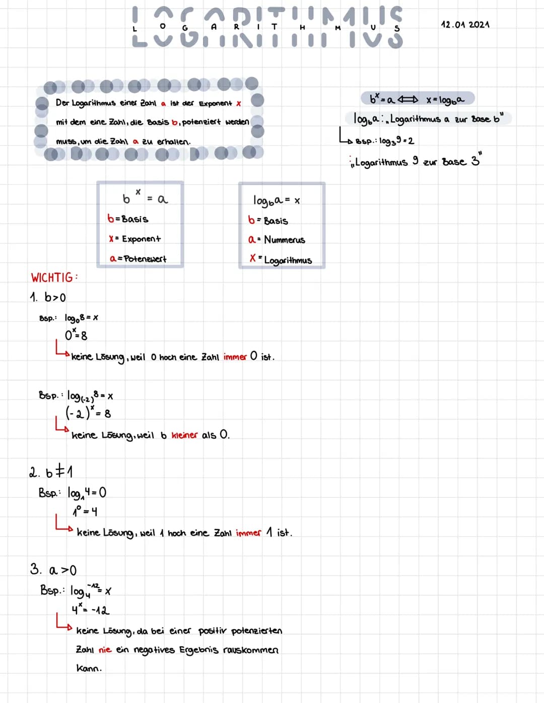 Der Logarithmus einer Zahl a ist der Exponent x
mit dem eine Zahl, die Basis b, potenziert werden
muss, um die Zahl a zu erhalten.
WICHTIG:
