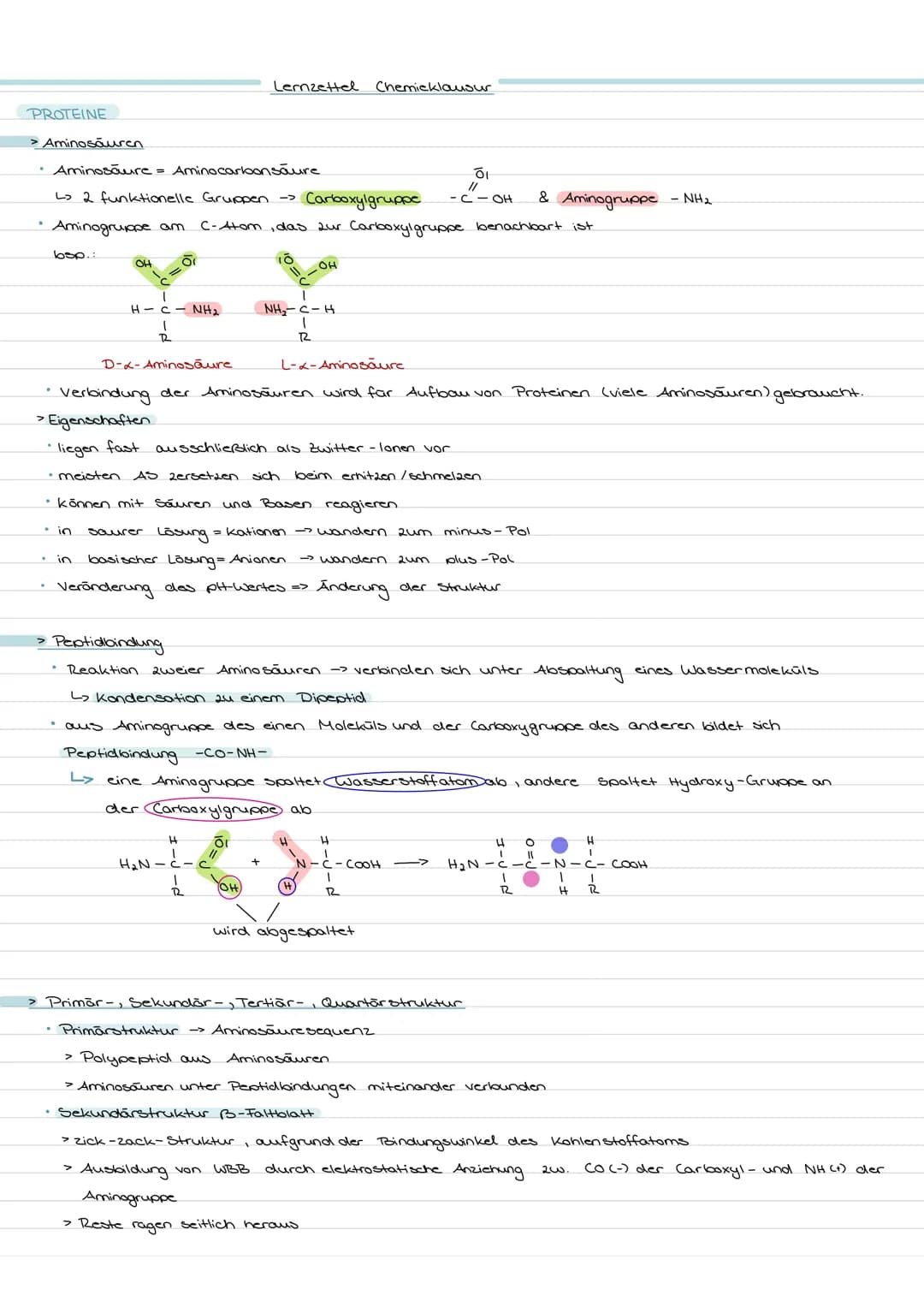 PROTEINE
bsp.:
> Aminosäuren
• Aminosäure = Aminocarbonsäure
L> 2 funktionelle Gruppen ->
Carboxylgruppe
Aminogruppe am C-Atom, das zur Carb