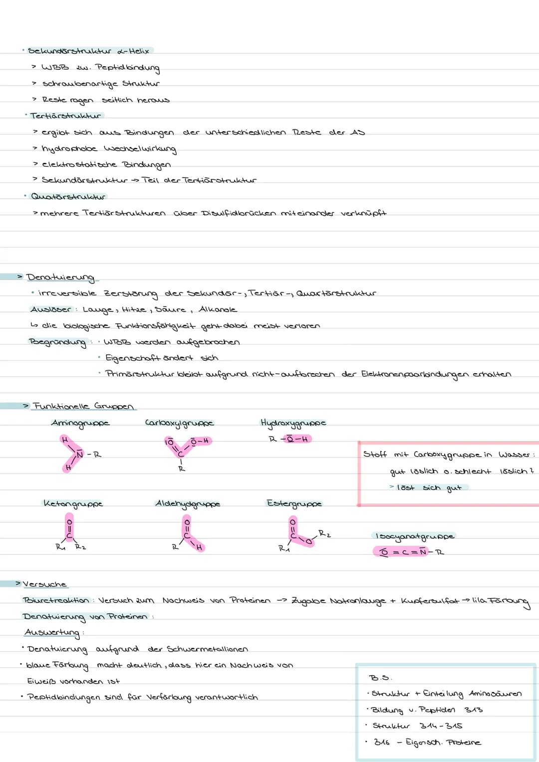 PROTEINE
bsp.:
> Aminosäuren
• Aminosäure = Aminocarbonsäure
L> 2 funktionelle Gruppen ->
Carboxylgruppe
Aminogruppe am C-Atom, das zur Carb