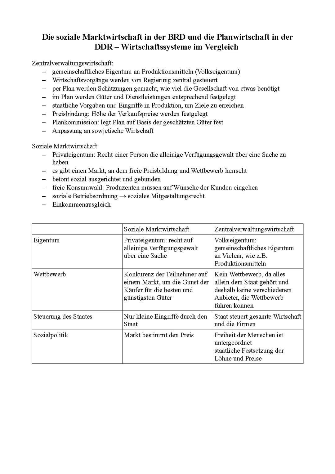 Soziale Marktwirtschaft BRD und Planwirtschaft DDR im Vergleich - Vorteile, Nachteile und Merkmale