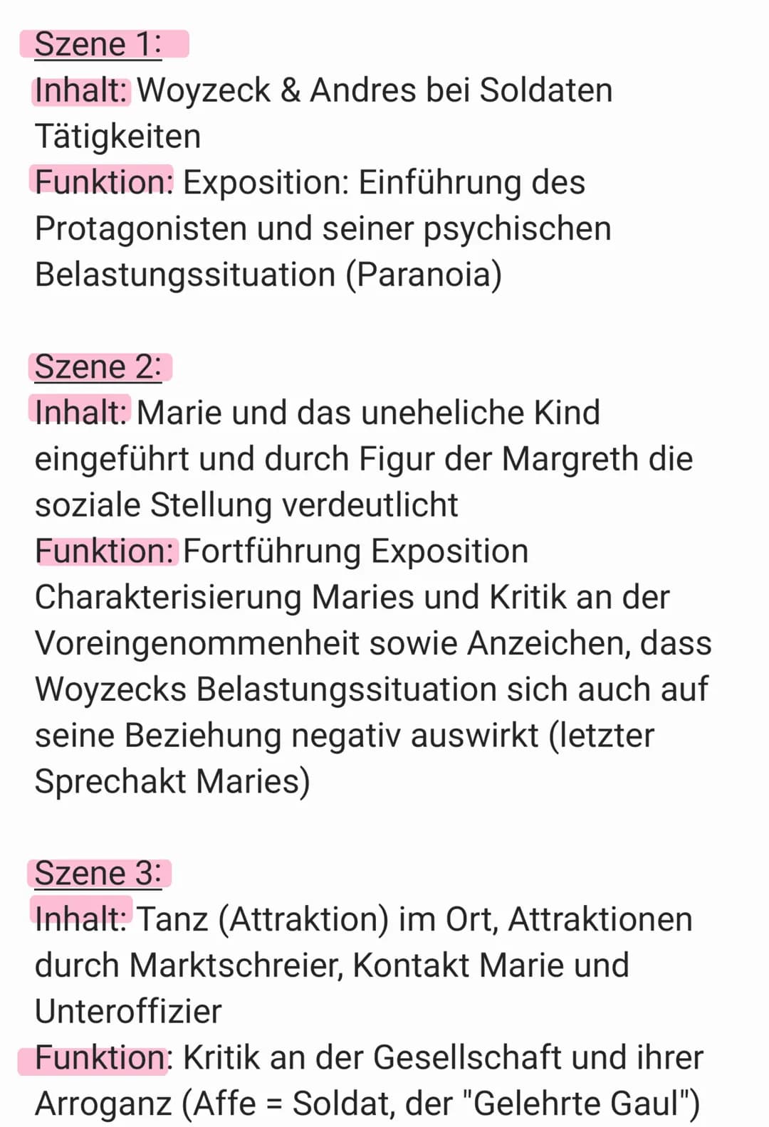 Szene 1:
Inhalt: Woyzeck & Andres bei Soldaten
Tätigkeiten
Funktion: Exposition: Einführung des
Protagonisten und seiner psychischen
Belastu