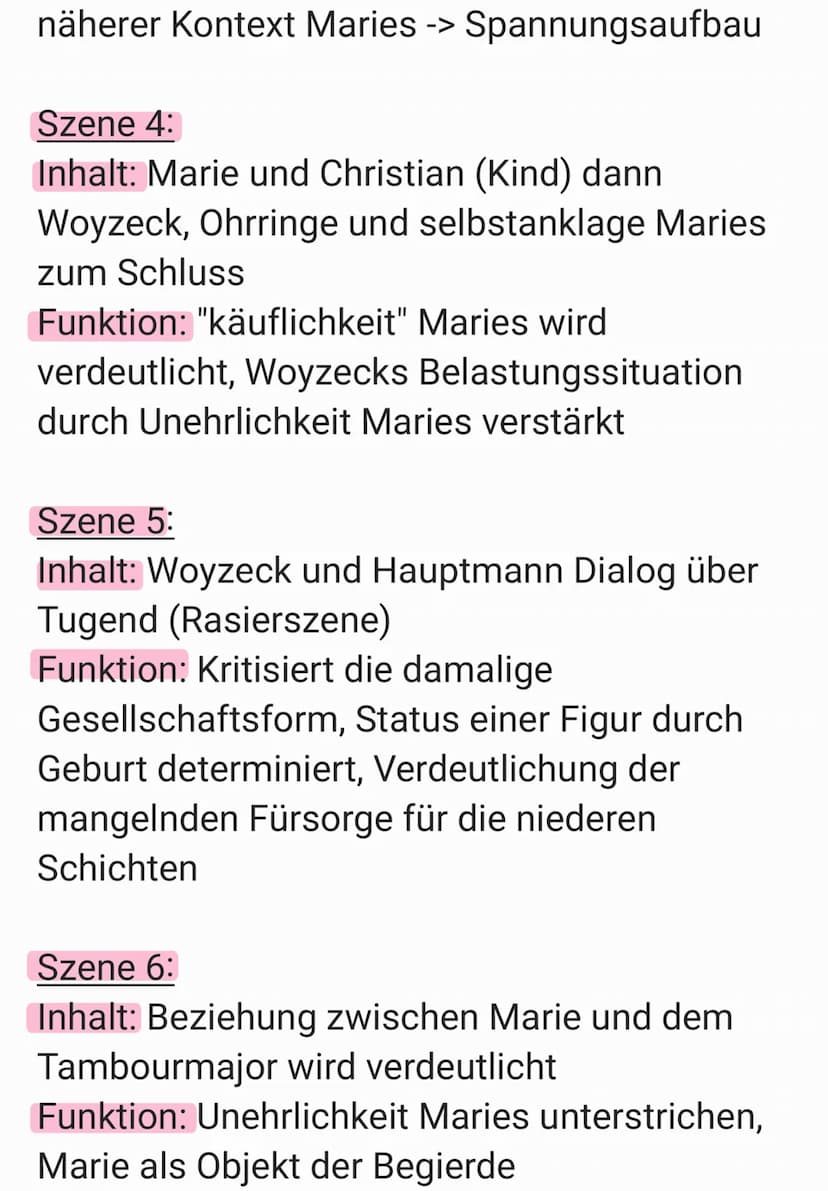 Szene 1:
Inhalt: Woyzeck & Andres bei Soldaten
Tätigkeiten
Funktion: Exposition: Einführung des
Protagonisten und seiner psychischen
Belastu