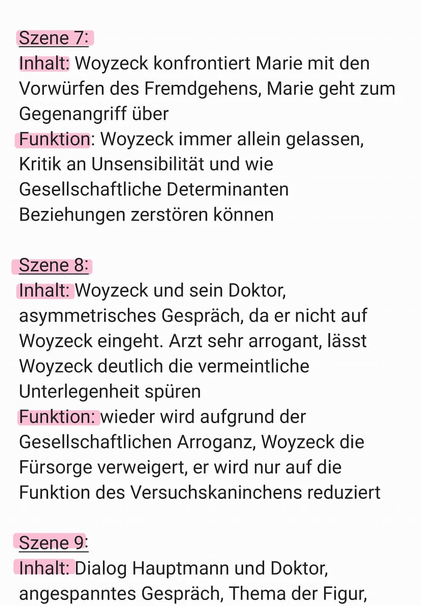 Szene 1:
Inhalt: Woyzeck & Andres bei Soldaten
Tätigkeiten
Funktion: Exposition: Einführung des
Protagonisten und seiner psychischen
Belastu