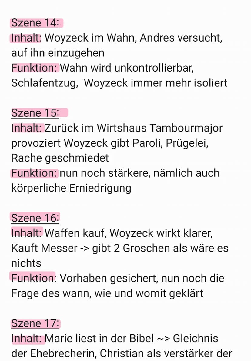Szene 1:
Inhalt: Woyzeck & Andres bei Soldaten
Tätigkeiten
Funktion: Exposition: Einführung des
Protagonisten und seiner psychischen
Belastu