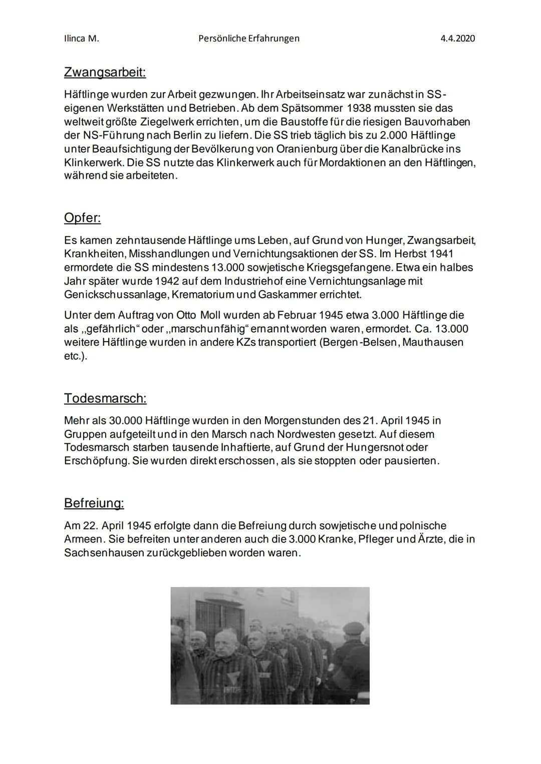 Ilinca M.
Persönliche Erfahrungen
Mein Aufenthalt in der Gedenkstätte
Sachsenhausen
Anfang& Architektur:
Das Konzentrationslager Sachsenhaus