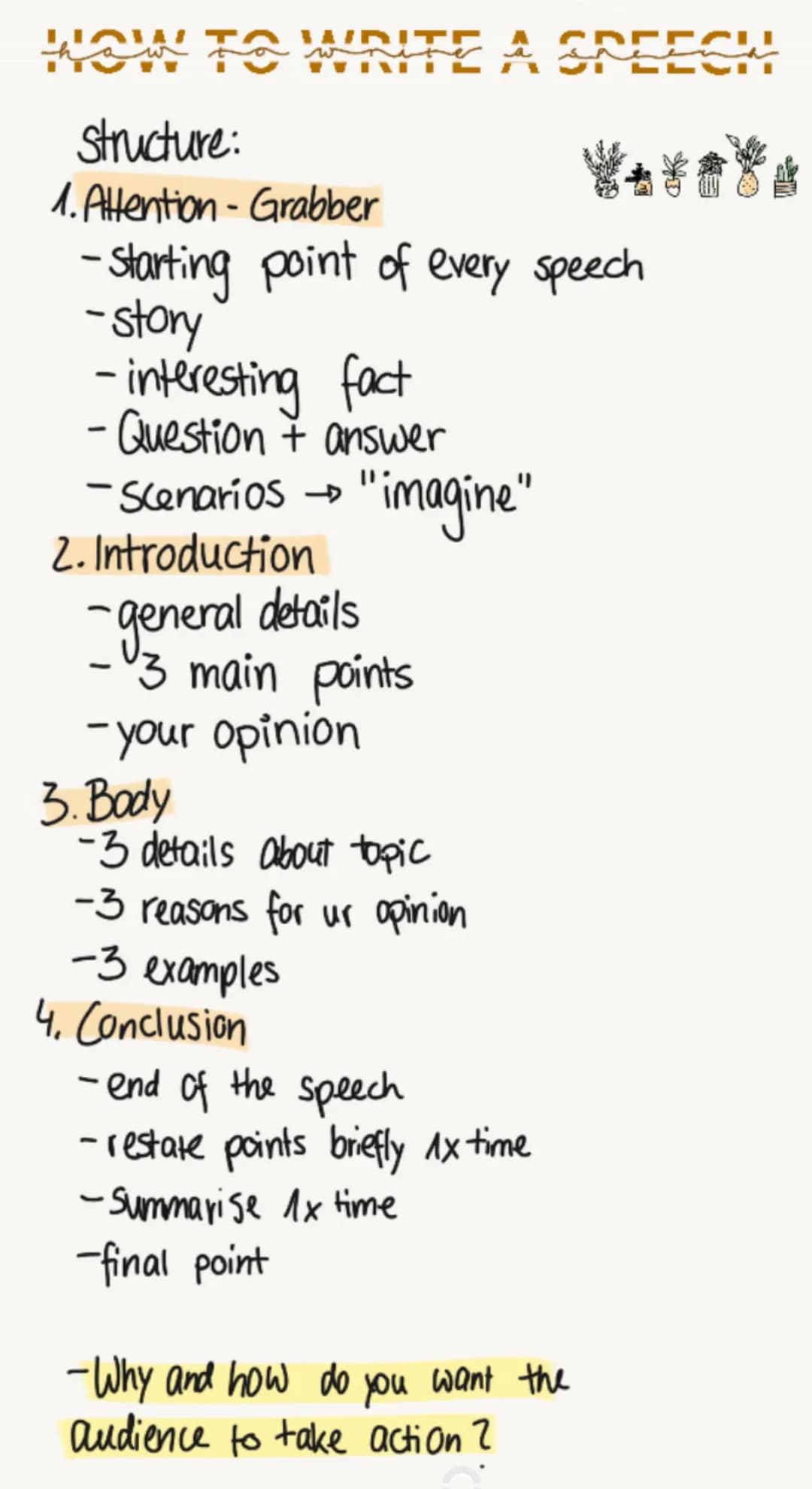 HOW TO WYNTE A CREES
structure:
1. Attention-Grabber
-starting point of every speech
-story
דוחו.
-interesting fact
- Question + answer
- Sc