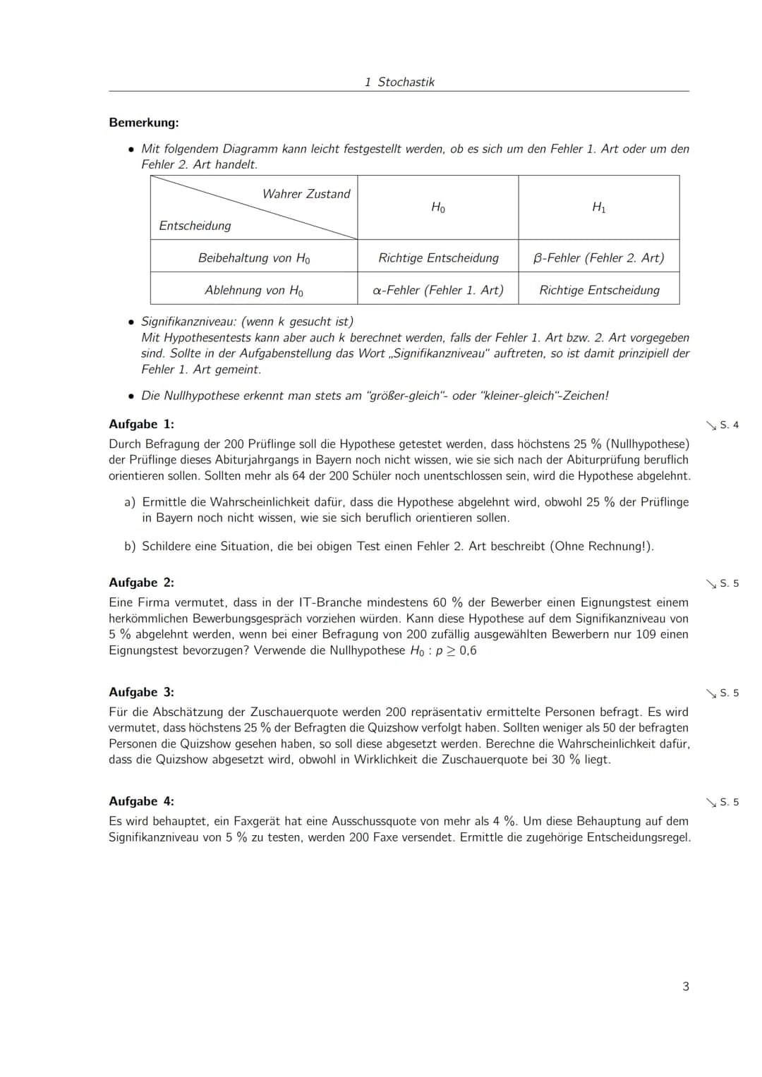 Inhaltsverzeichnis
1 Stochastik
1.1 Hypothesentests
Lösungen
1
1
4 1 Stochastik
1.1 Hypothesentests
Ein Mitarbeiter einer Elektronikfirma so