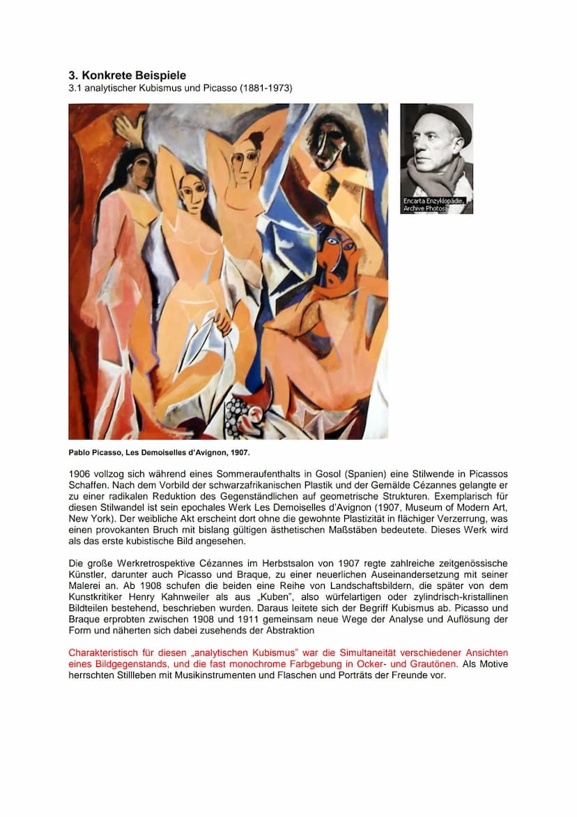 Kubismus
1. Eine Einführung:
Kubismus, Richtung der modernen Kunst seit 1907, die neue Darstellungsformen
entwickelte, besonders in der Male