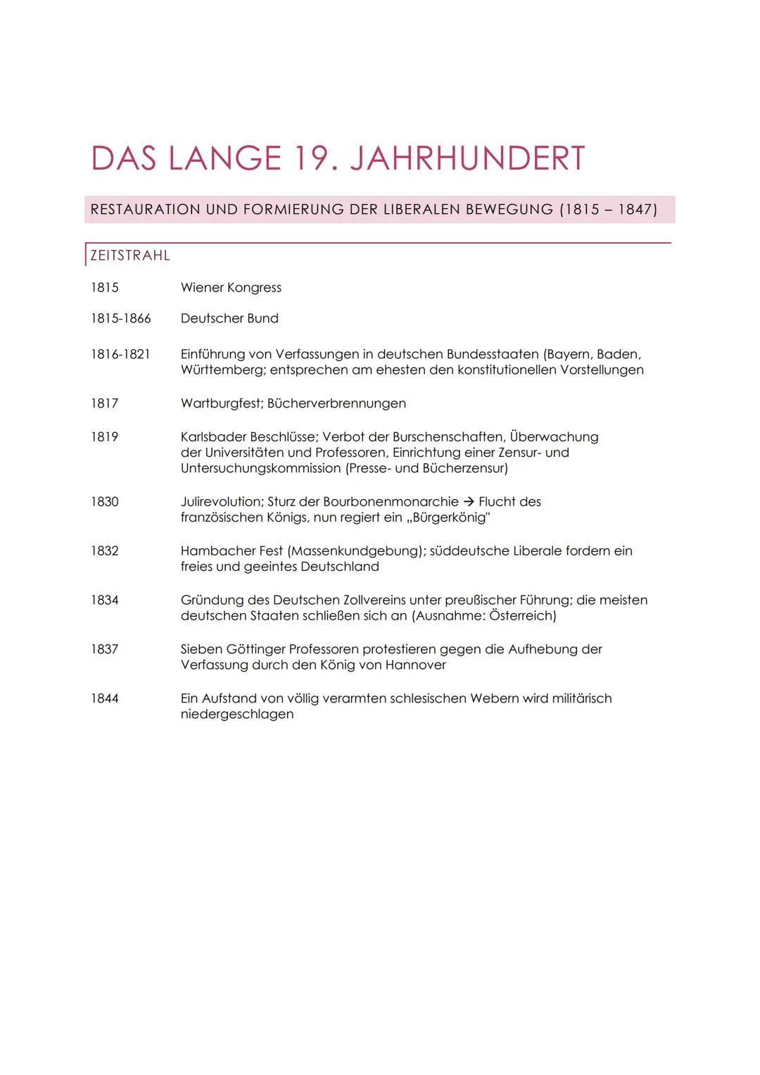 # DAS LANGE 19. JAHRHUNDERT

RESTAURATION UND FORMIERUNG DER LIBERALEN BEWEGUNG (1815-1847)

ZEITSTRAHL

1815 Wiener Kongress

1815-1866 Deu