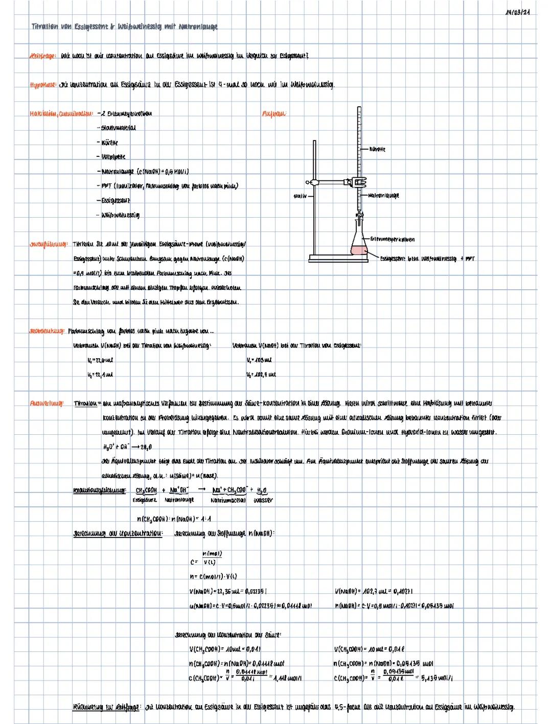 Einfache Titration von Essigsäure mit Natronlauge - Reaktionsgleichung und Äquivalenzpunkt