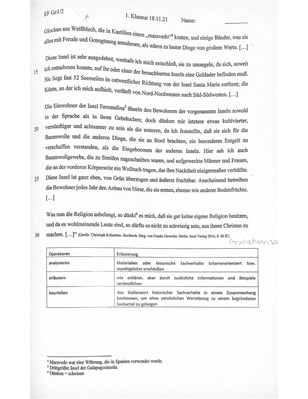 5
10
EF Gel/2
1. Klausur 18.11.21
1. Geschichtsklausur: Was Reisende erzählen - Selbst- und Fremdbild in der
Frühen Neuzeit
Interpretieren S