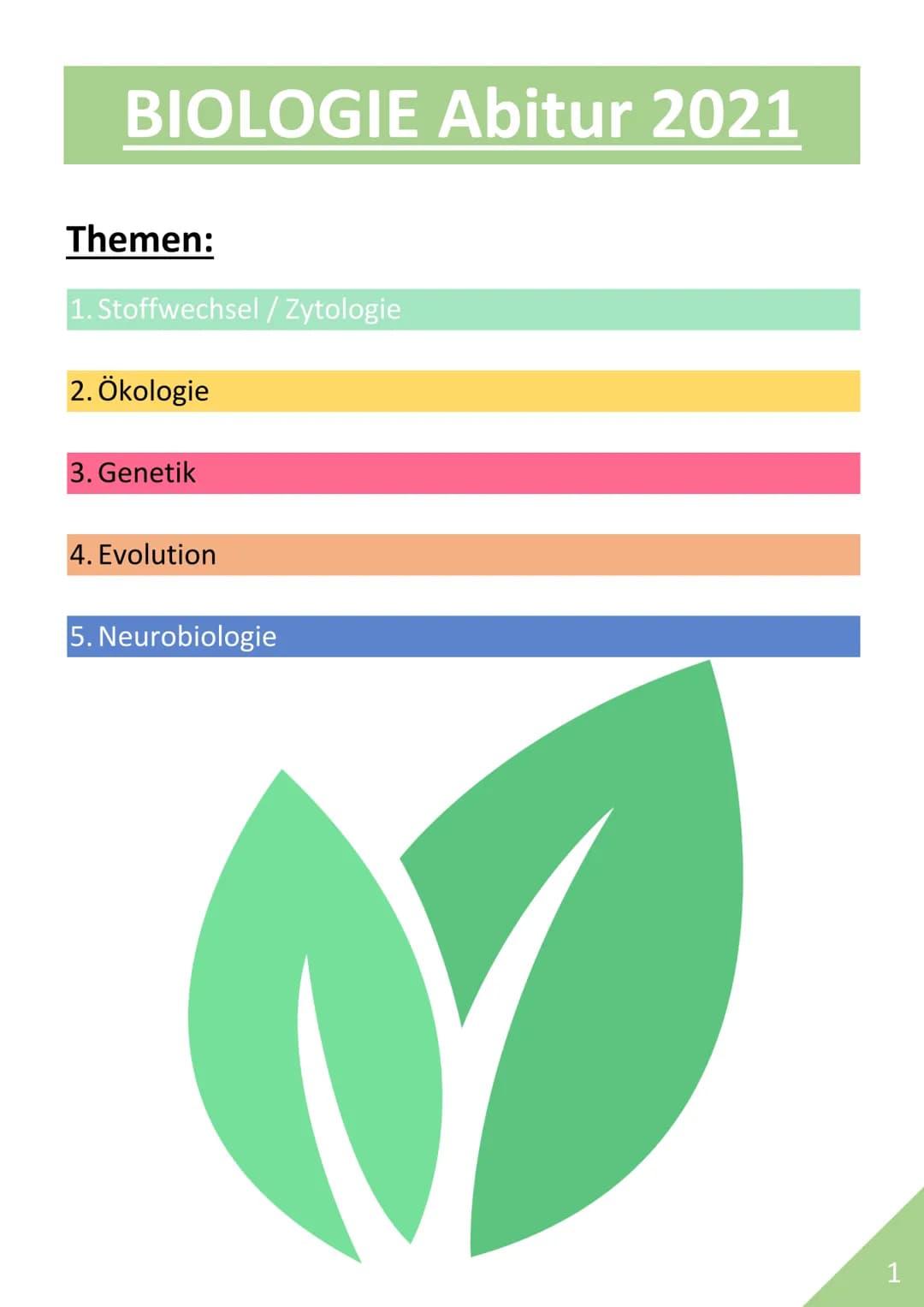 BIOLOGIE Abitur 2021
Themen:
1. Stoffwechsel / Zytologie
2. Ökologie
3. Genetik
4. Evolution
5. Neurobiologie
M
1 STOFFWECHSEL / ZYTOLOGIE
P