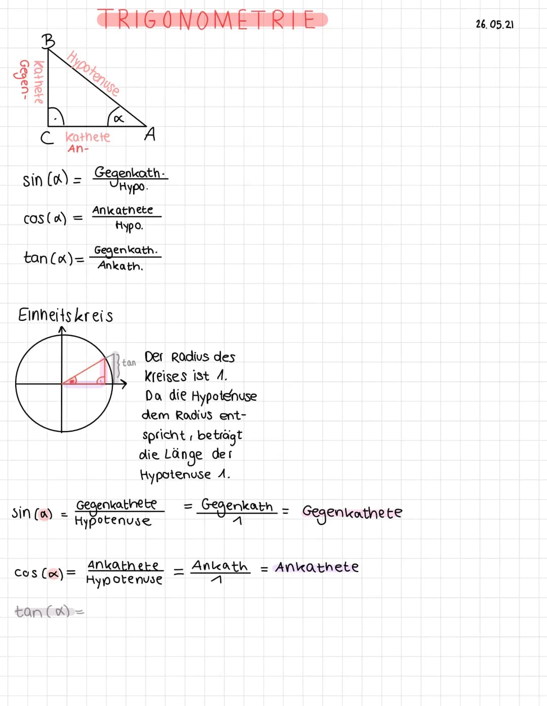 Gegen-
kathete
cos(x)
C kathete A
An-
Hypotenuse
sin (x) = Gegenkath -
Hypo.
tan (x)=
sin (a)
=
=
TRIGONOMETRIE
x
Einheitskreis
O
cos(x) =
t
