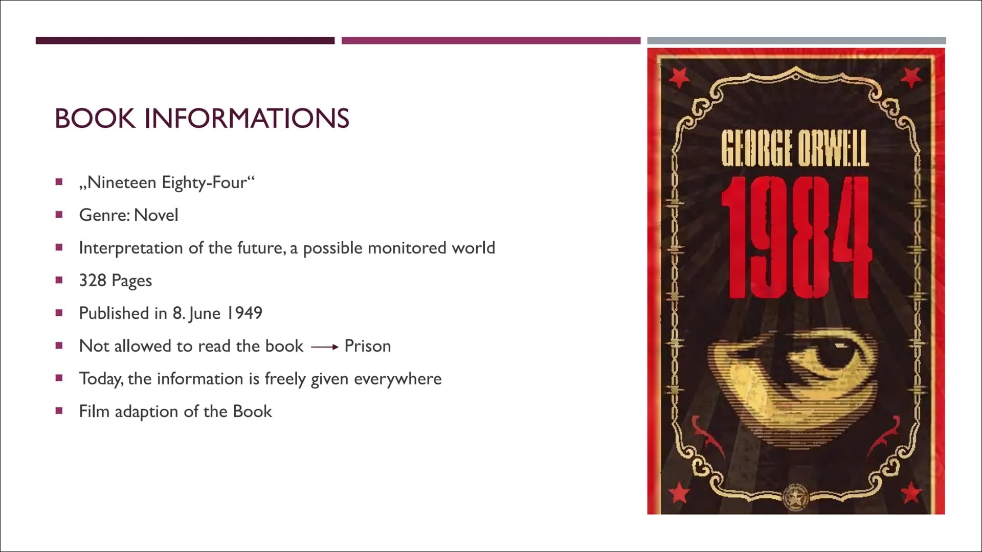 NINETEEN-EIGHTY FOUR
(1984)
GEORGE ORWELL
PRESENTED BY ...
GEORG E
OR WELL
FREEDOM 15
SLAVERY
PEACE OUTLINE
■ Handout
■ Author
■ Book Inform