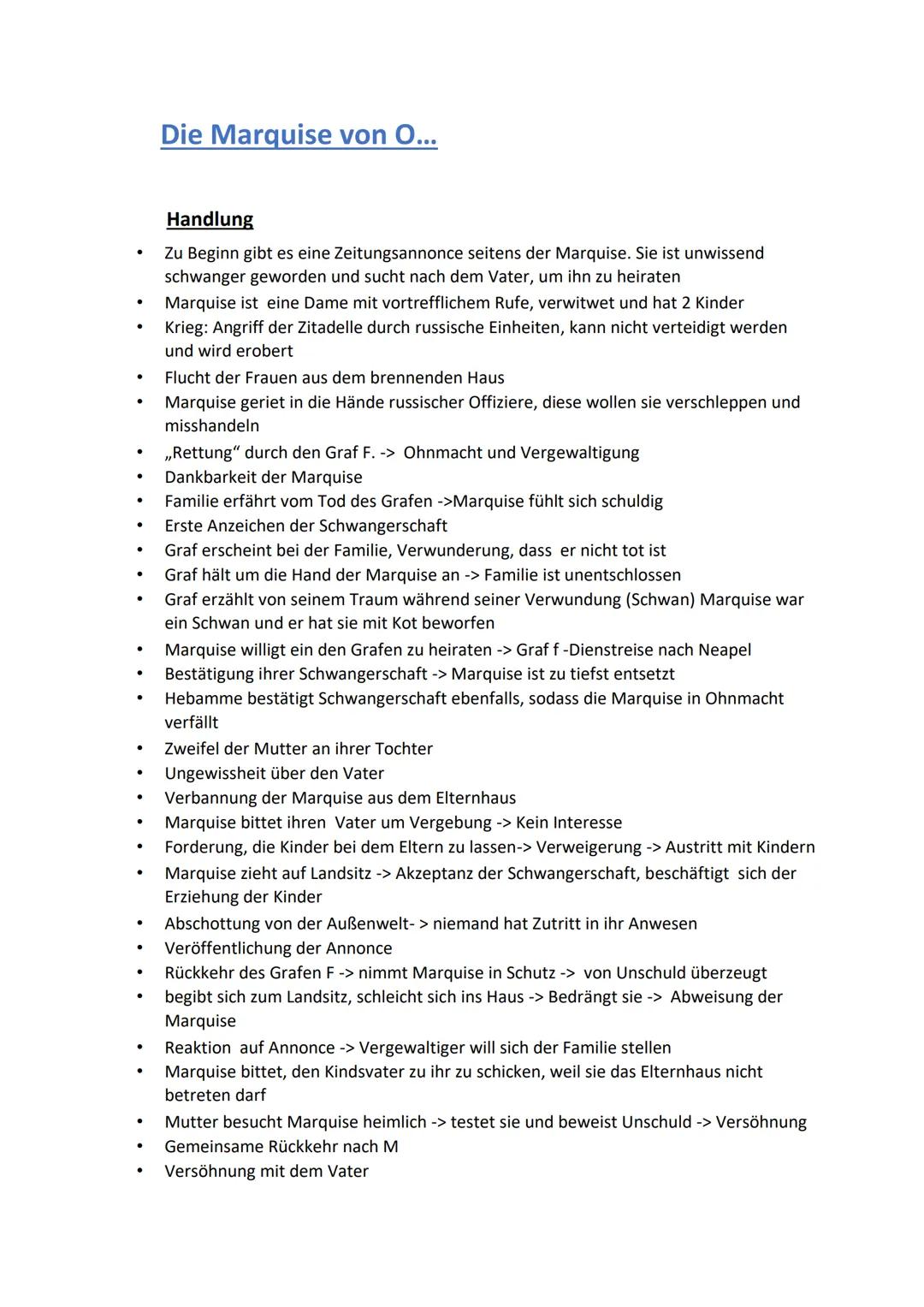 # Die Marquise von O...

## Handlung

- Zu Beginn gibt es eine Zeitungsannonce seitens der Marquise. Sie ist unwissend
schwanger geworden un
