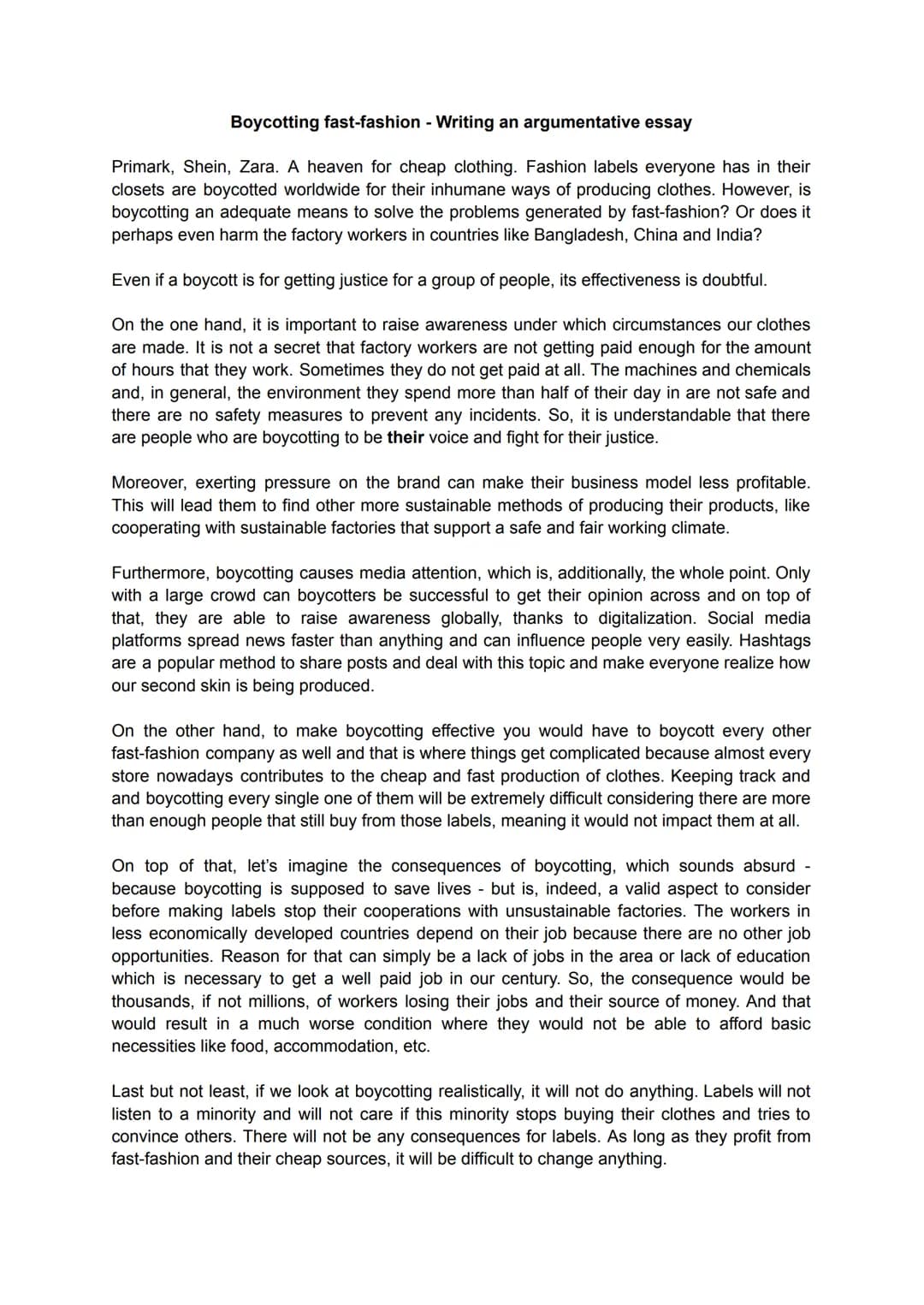 Boycotting fast-fashion - Writing an argumentative essay
Primark, Shein, Zara. A heaven for cheap clothing. Fashion labels everyone has in t