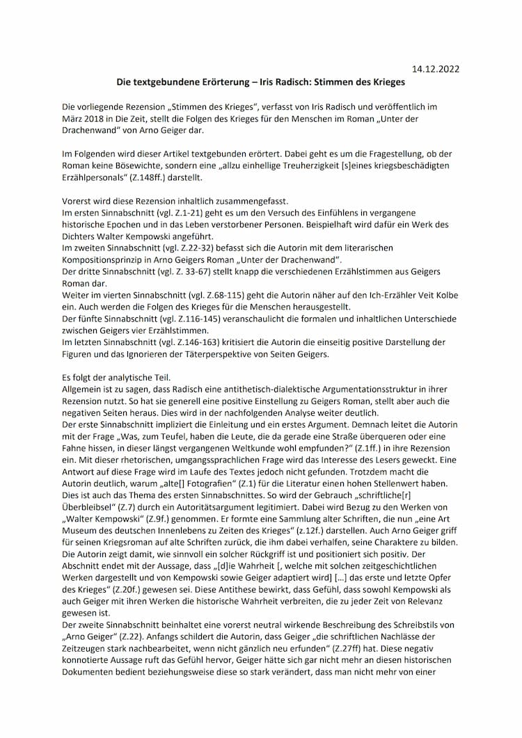 Know Textgebundene Erörterung - Iris Radisch: Stimmen des Krieges  thumbnail