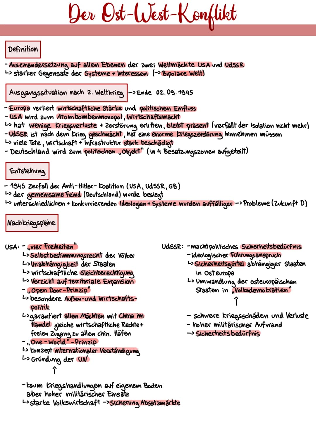 Definition
Der Ost-West-Konflikt
-Auseinandersetzung auf allen Ebenen der zwei Weltmächte USA und Udss R
L> starker Gegensatz der Systeme + 