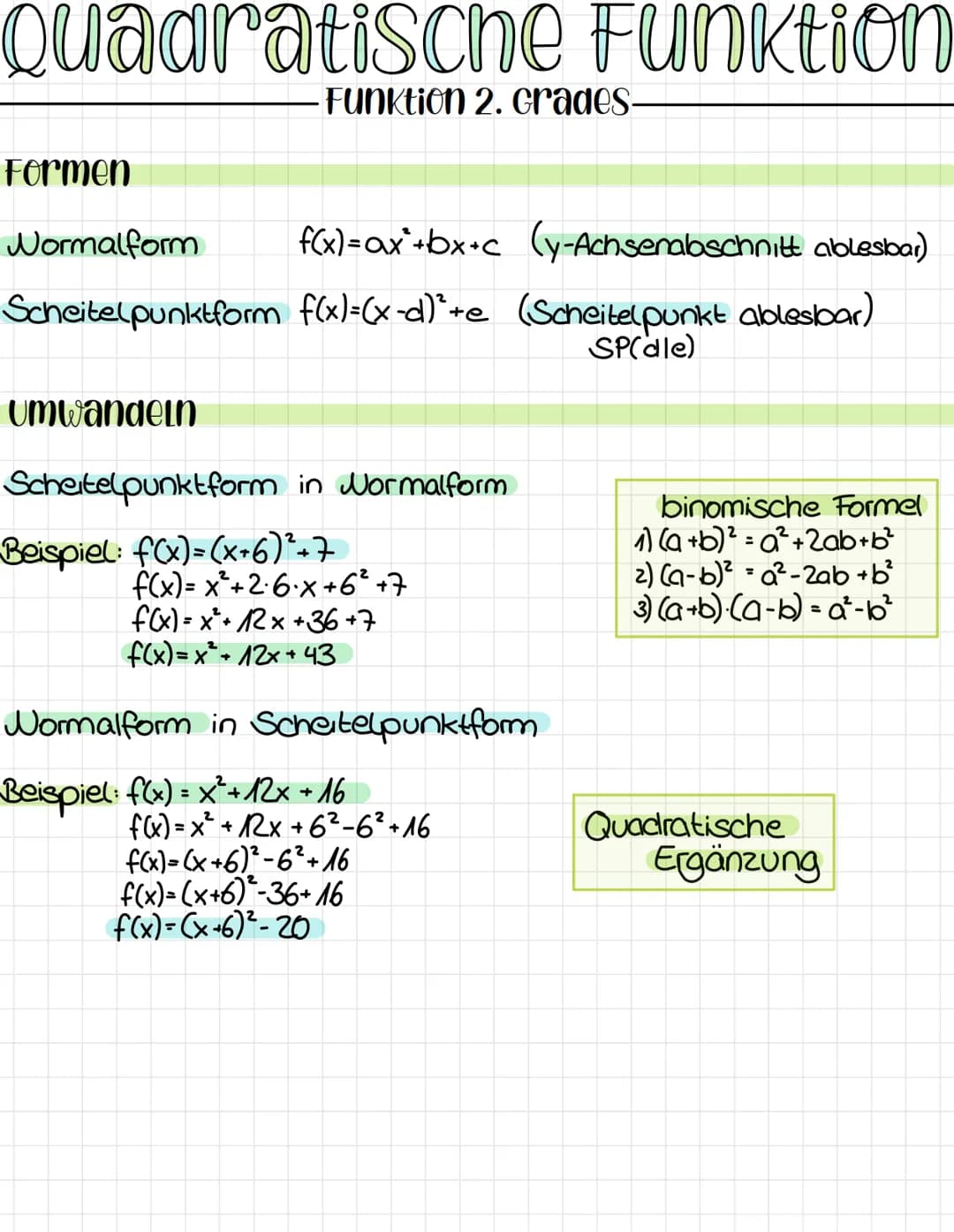 Quadratische Funktion
Funktion 2. crades-
Formen
Normalform
f(x) = ax²+bx+c (y-Achsenabschnitt ablesbar)
Scheitelpunktform f(x)=(x-d)²+e (Sc